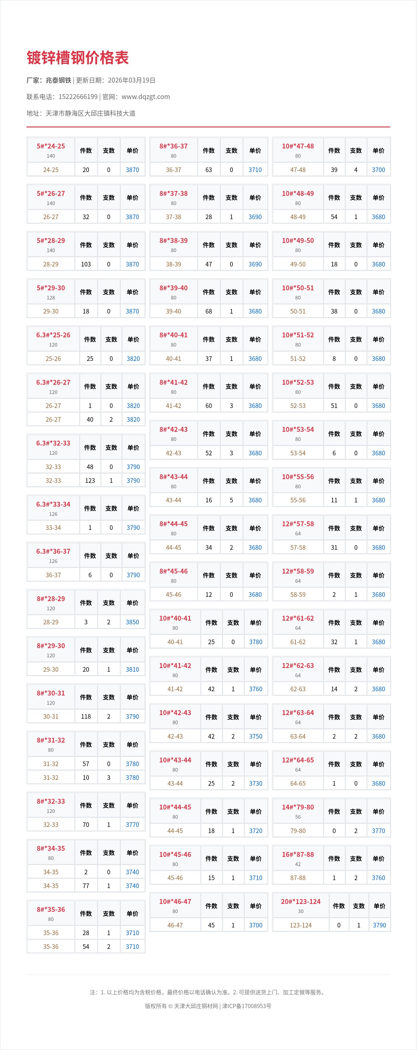 镀锌槽钢价格表