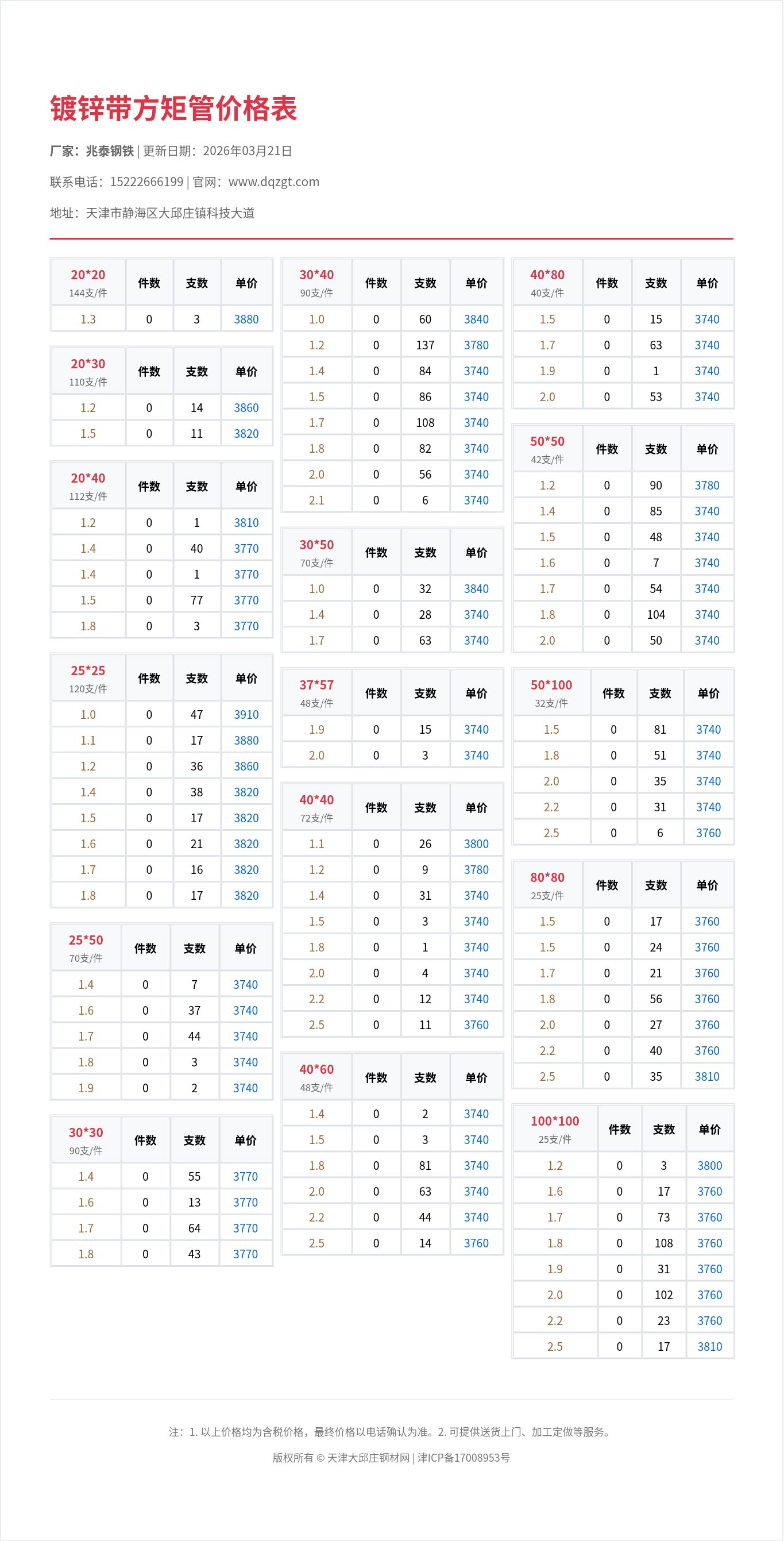 镀锌带方矩管价格表