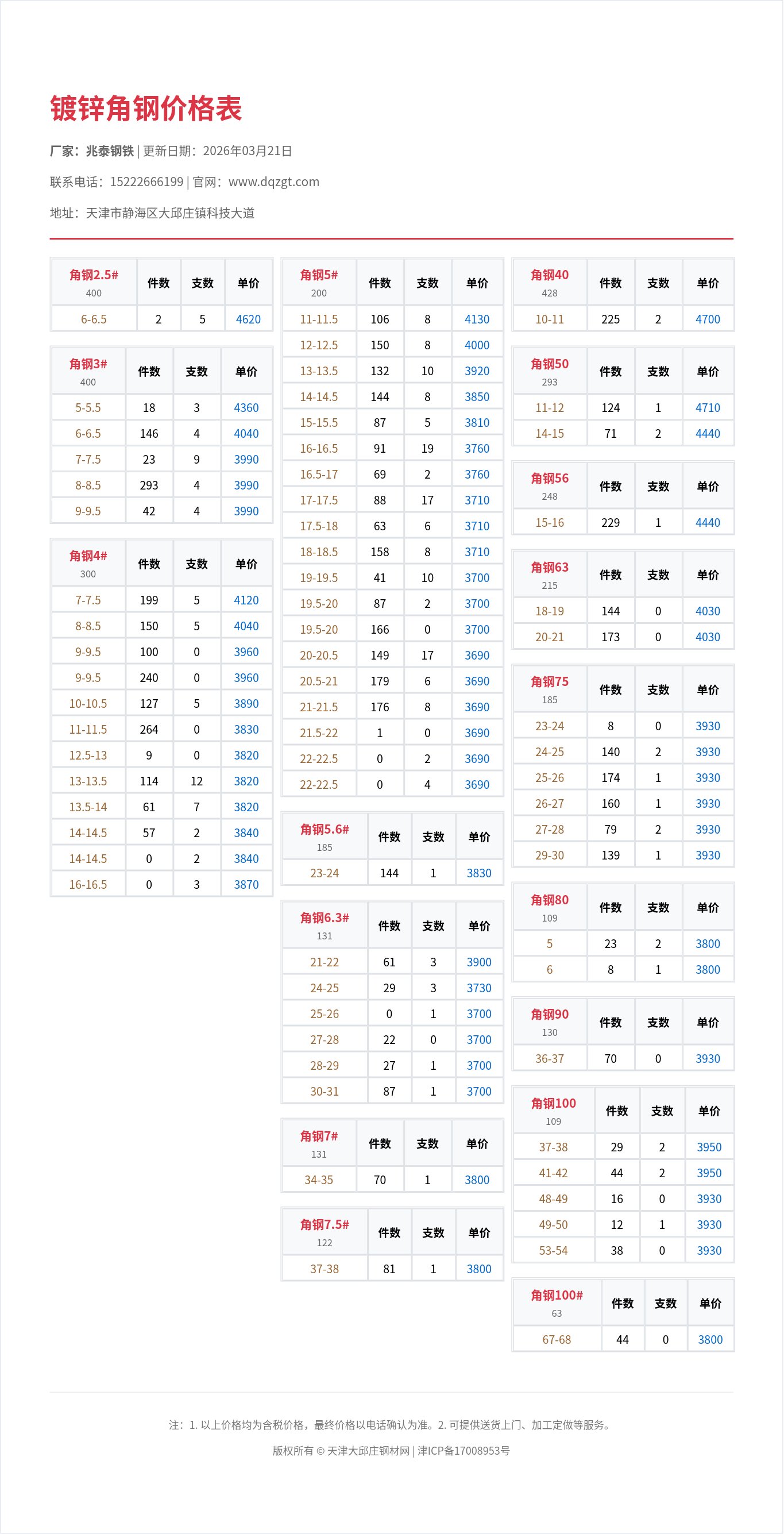 镀锌角钢价格表