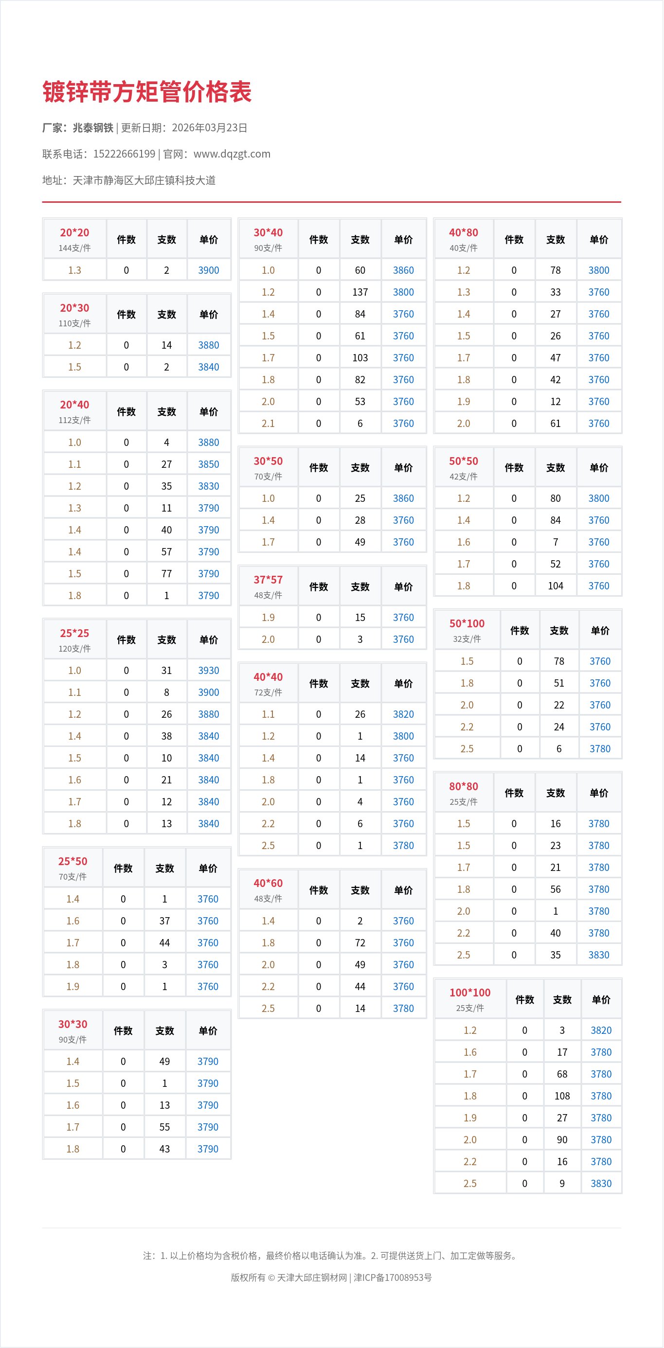 镀锌带方矩管价格表