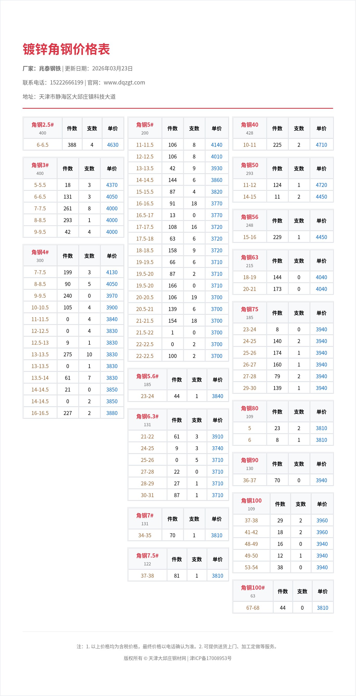 镀锌角钢价格表