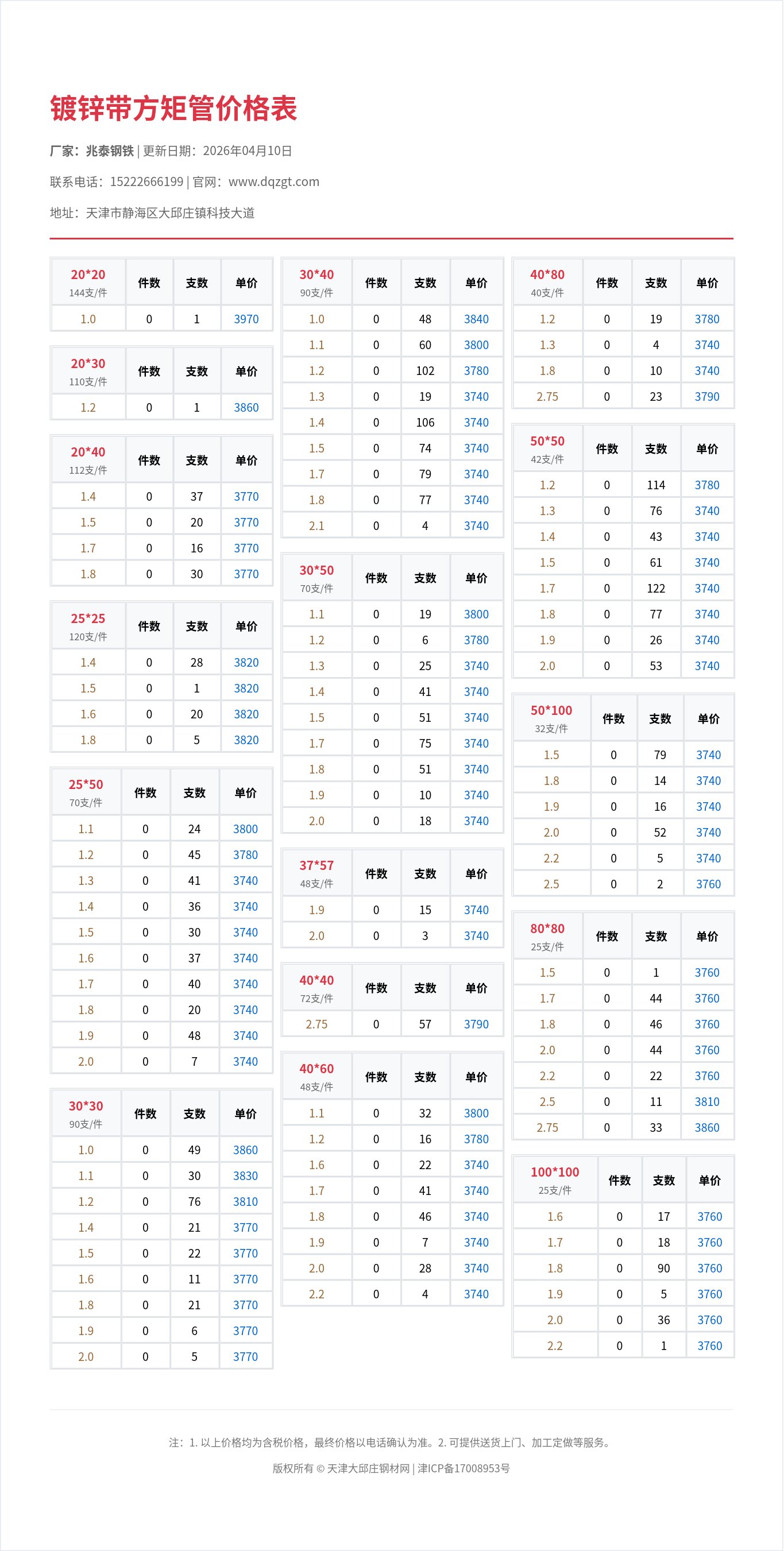 镀锌带方矩管价格表