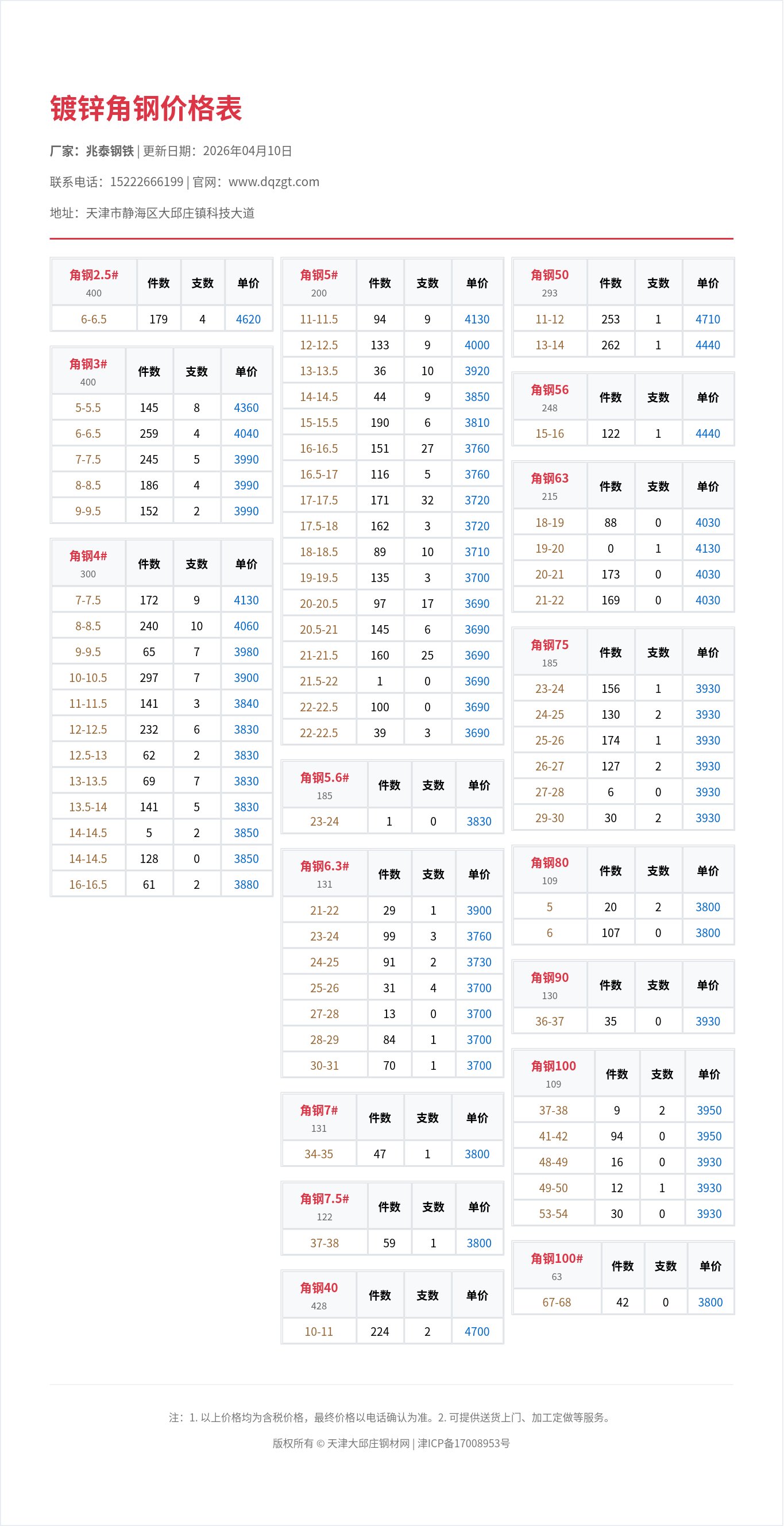 镀锌角钢价格表