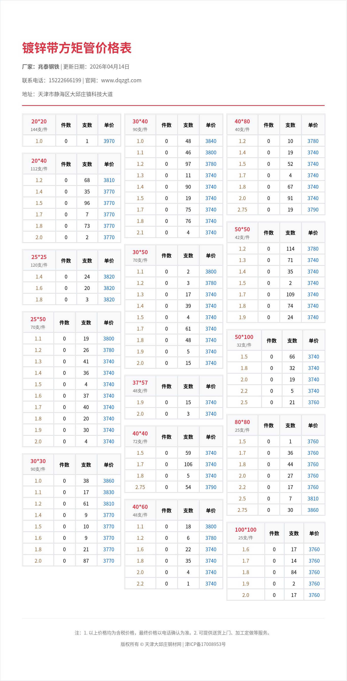 镀锌带方矩管价格表