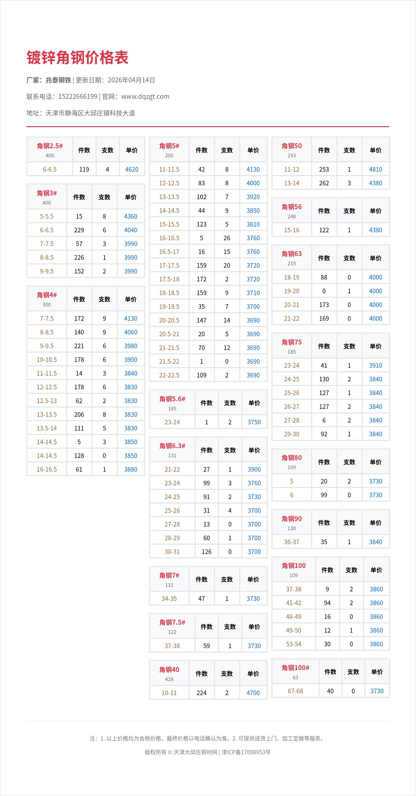 镀锌角钢价格表