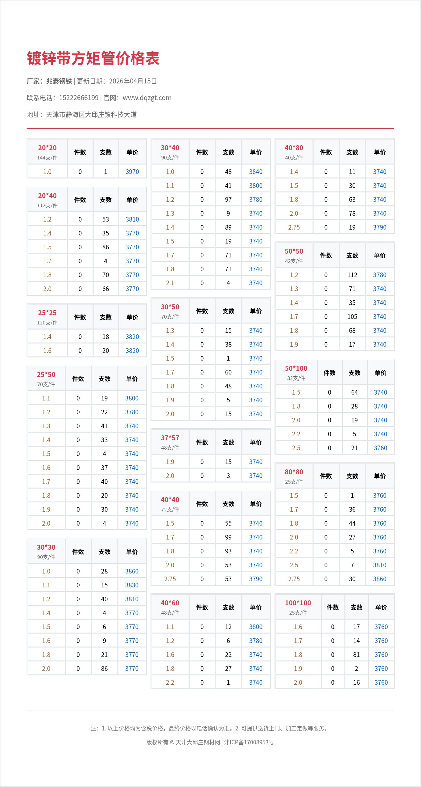 镀锌带方矩管价格表