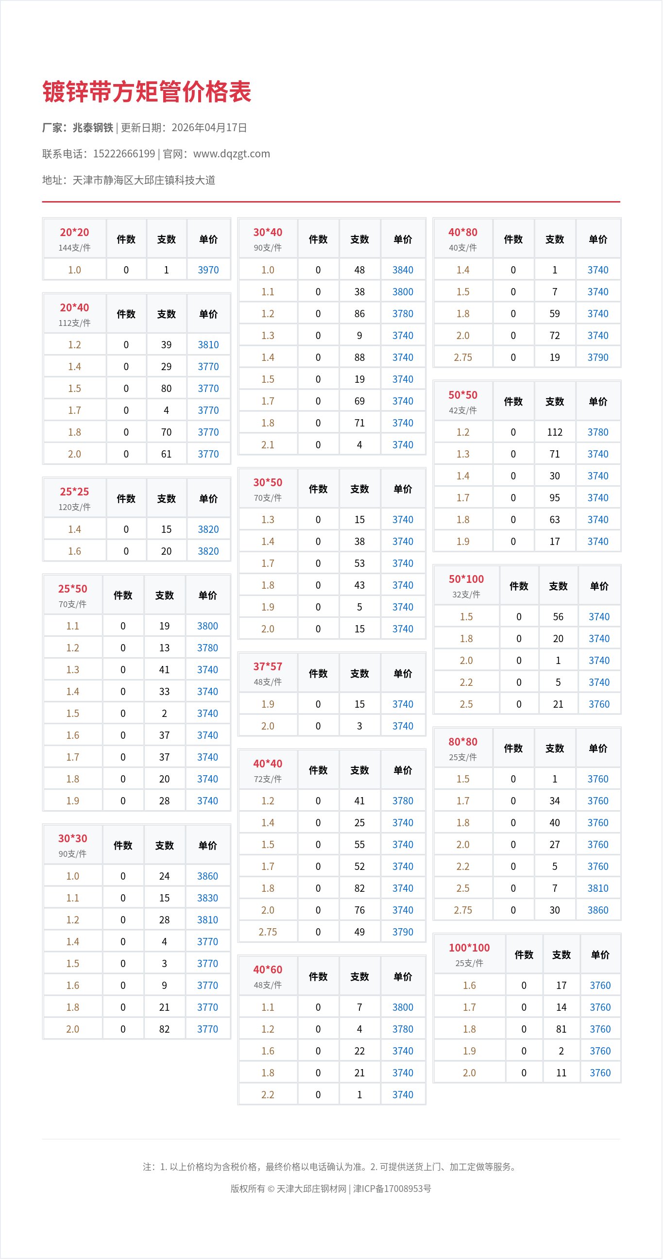 镀锌带方矩管价格表