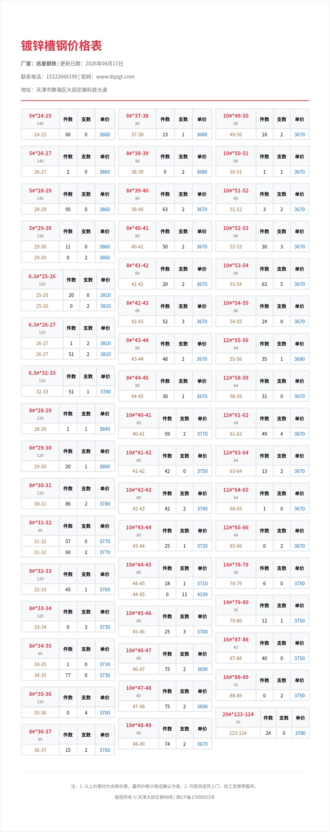 镀锌槽钢价格表