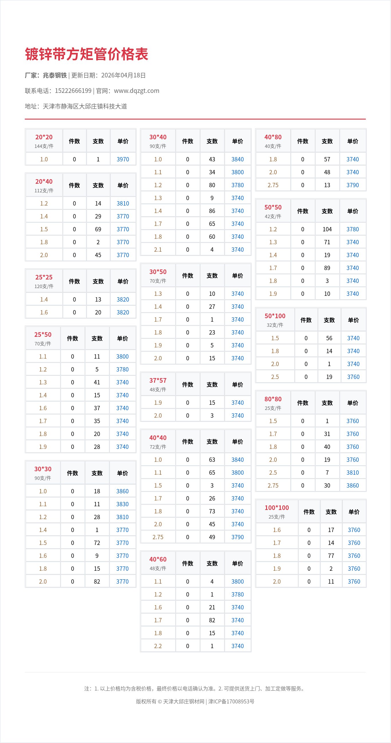镀锌带方矩管价格表