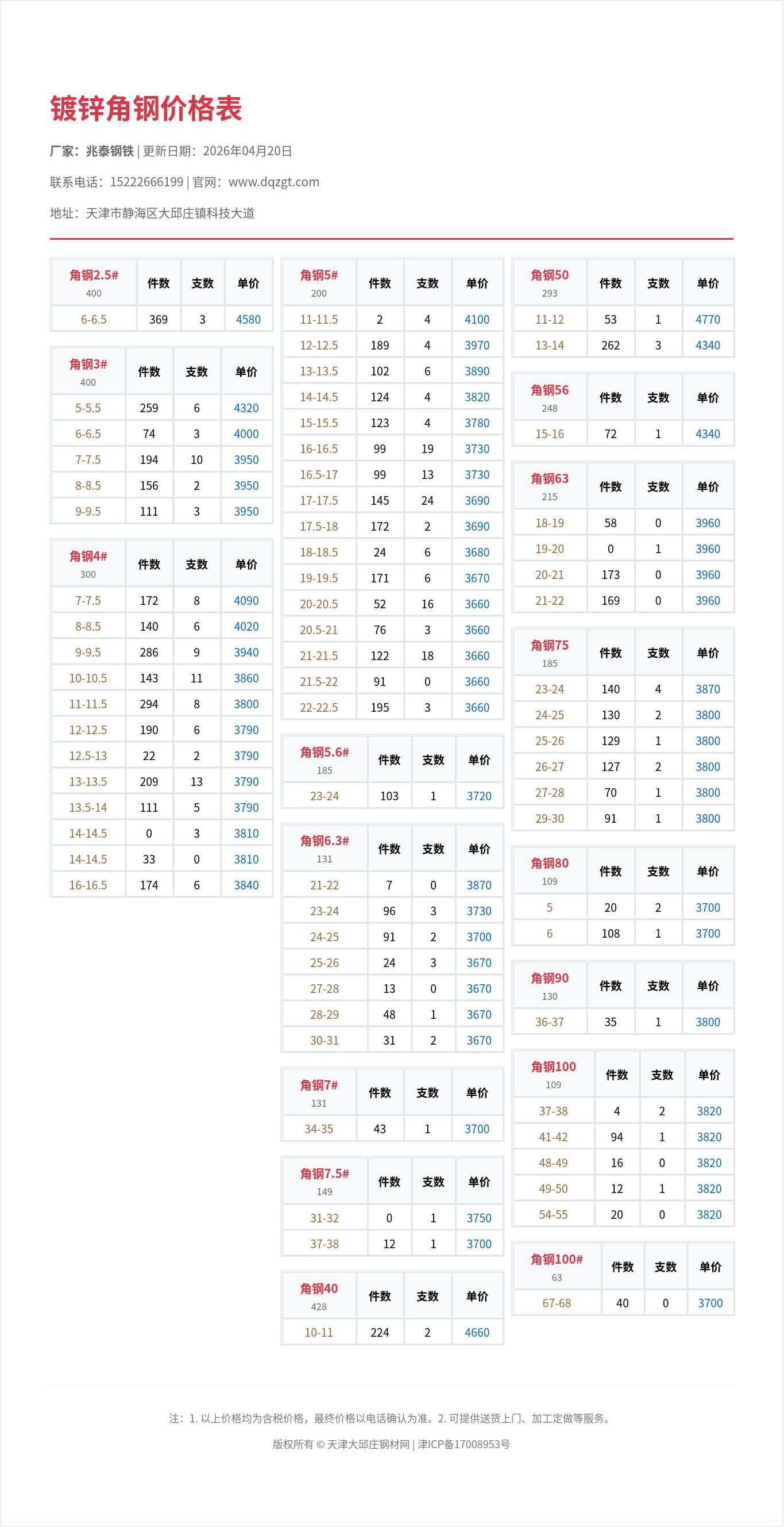 镀锌角钢价格表
