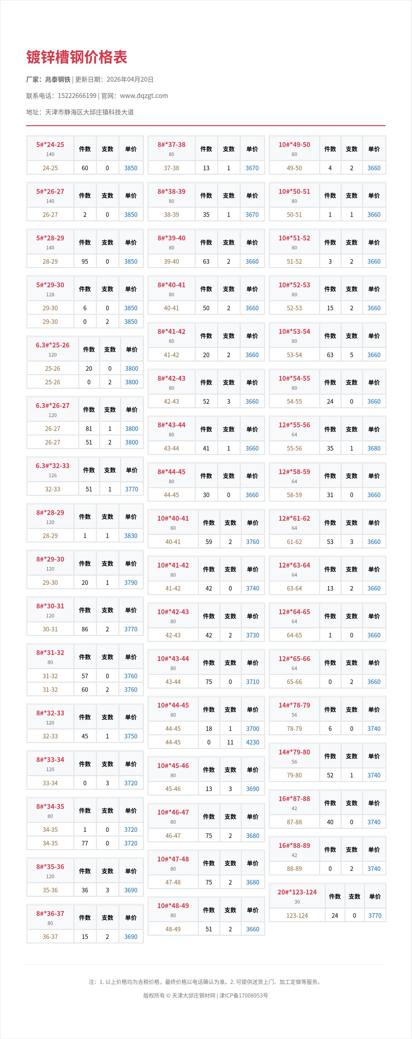 镀锌槽钢价格表