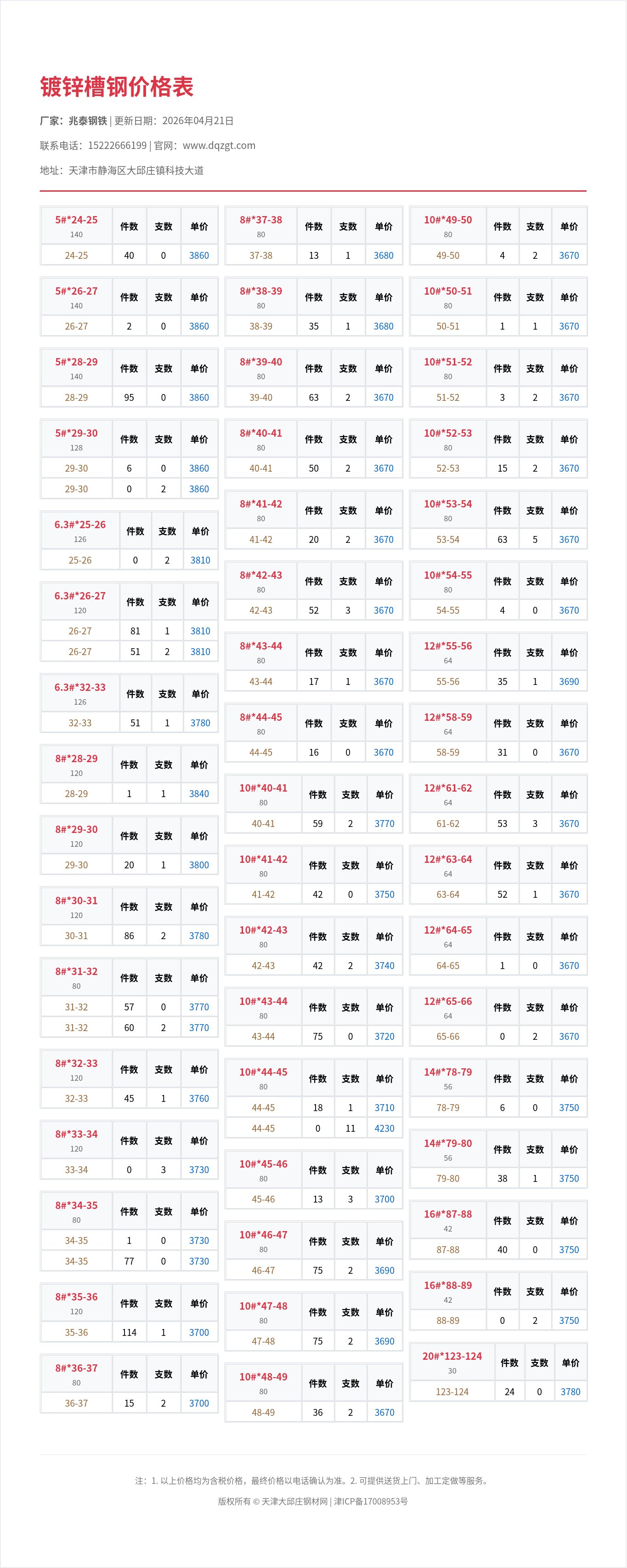 镀锌槽钢价格表