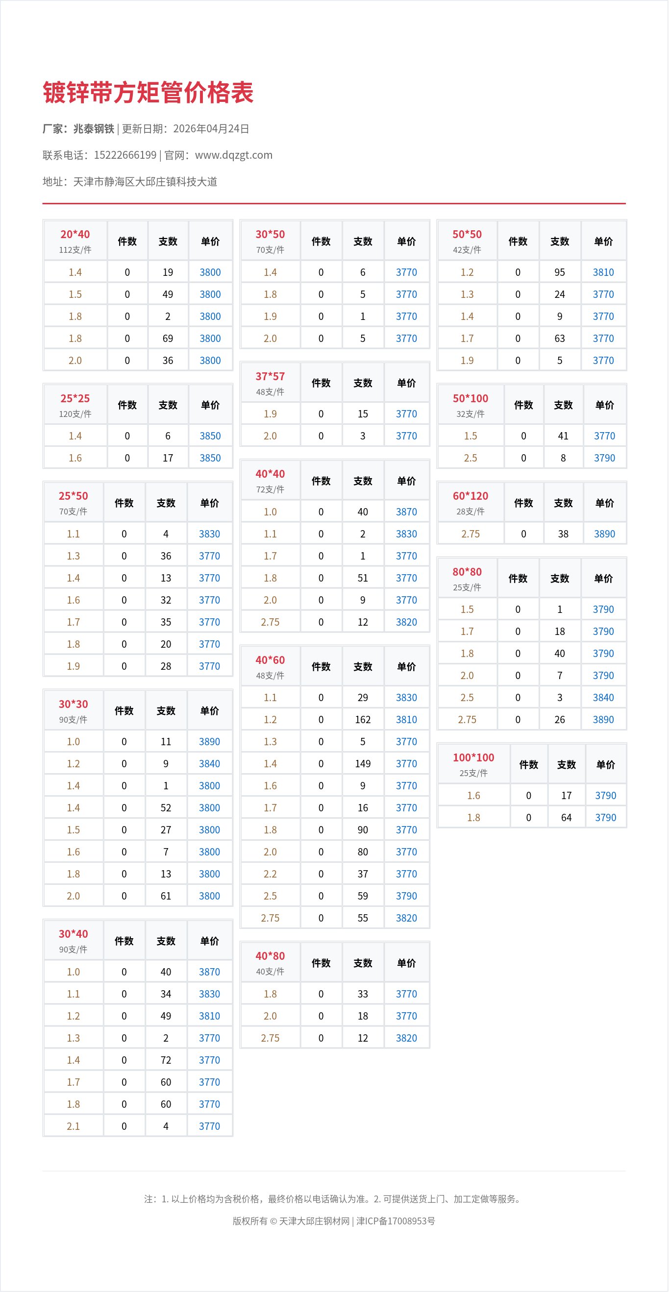 镀锌带方矩管价格表