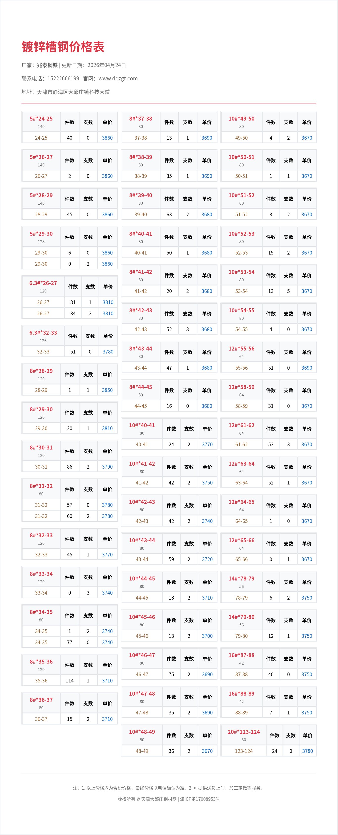 镀锌槽钢价格表