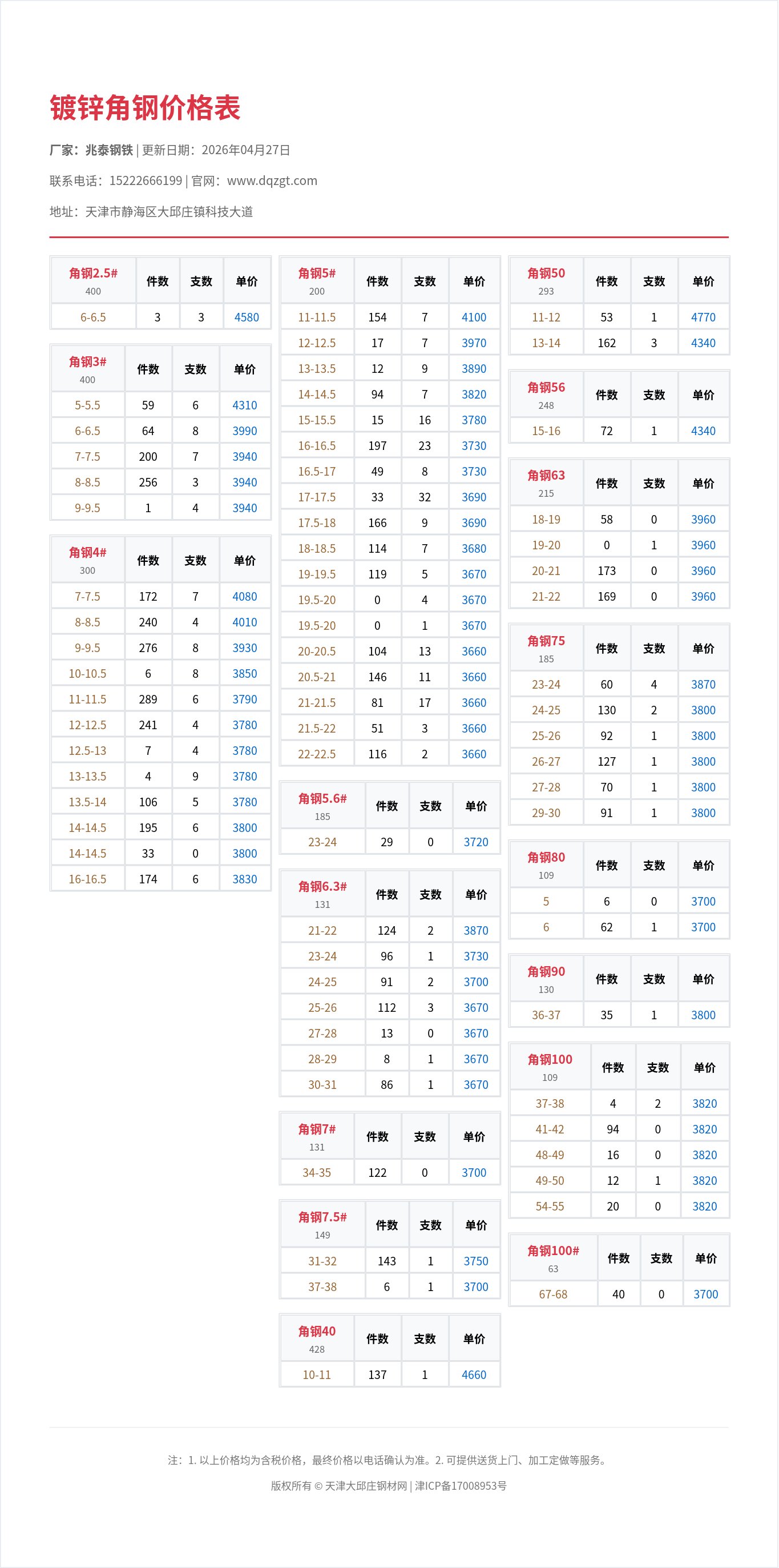 镀锌角钢价格表