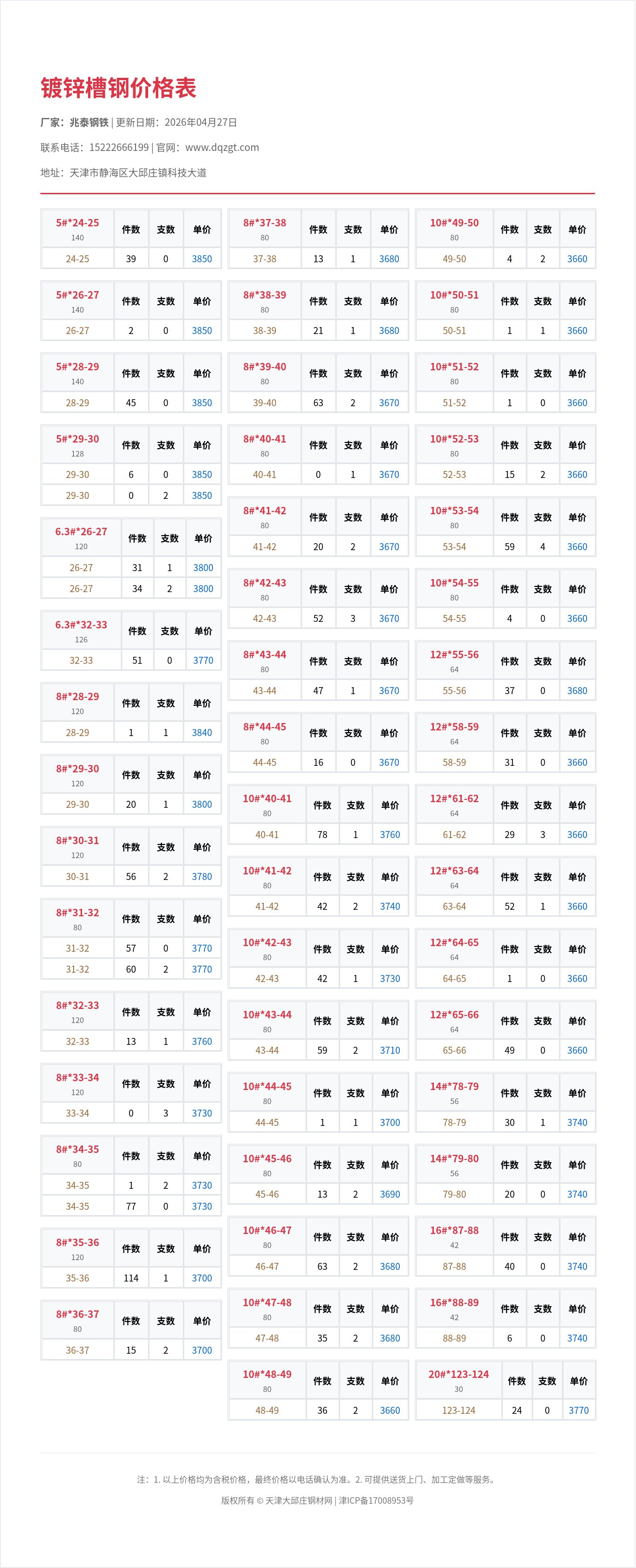 镀锌槽钢价格表