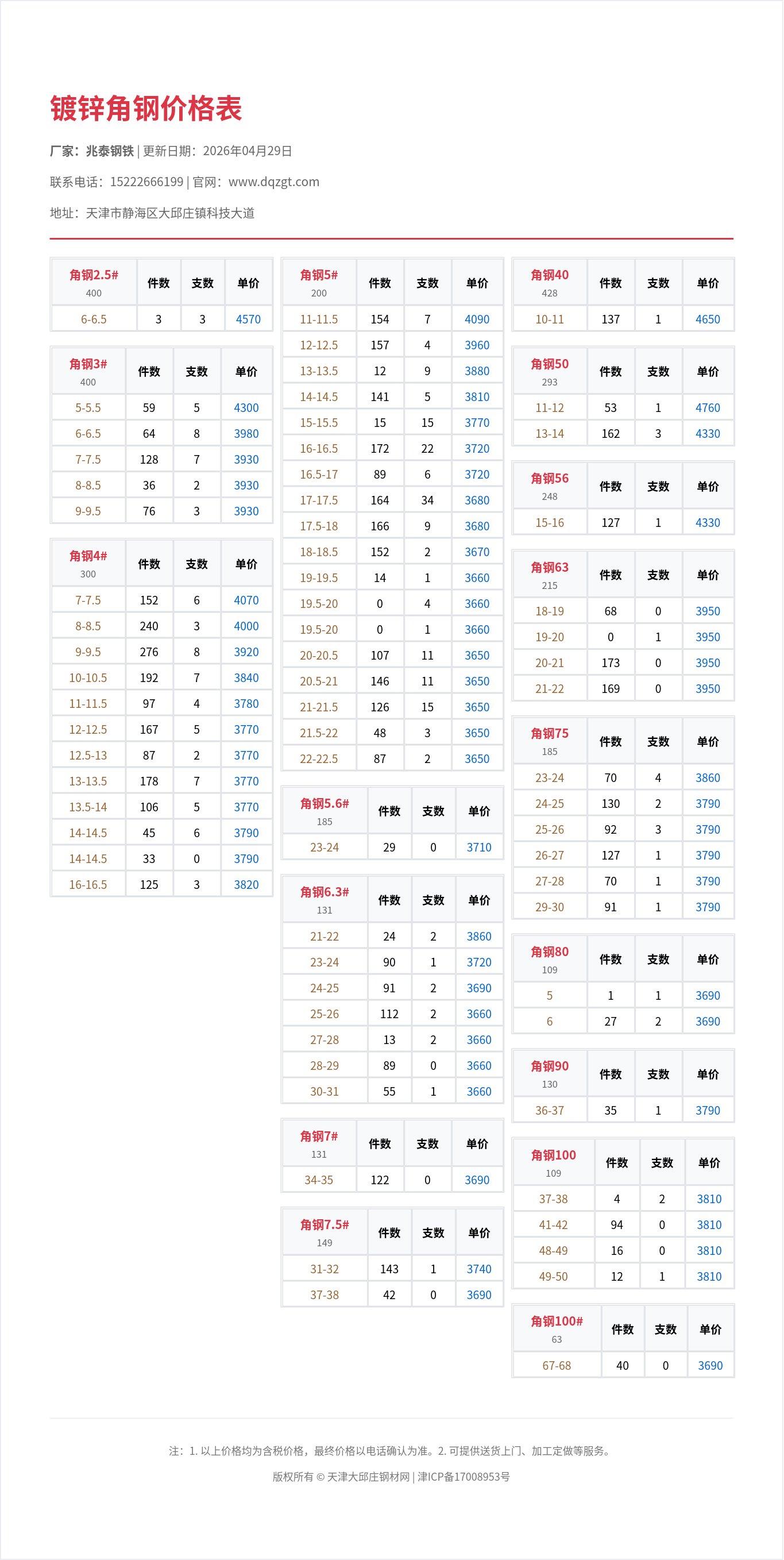 镀锌角钢价格表