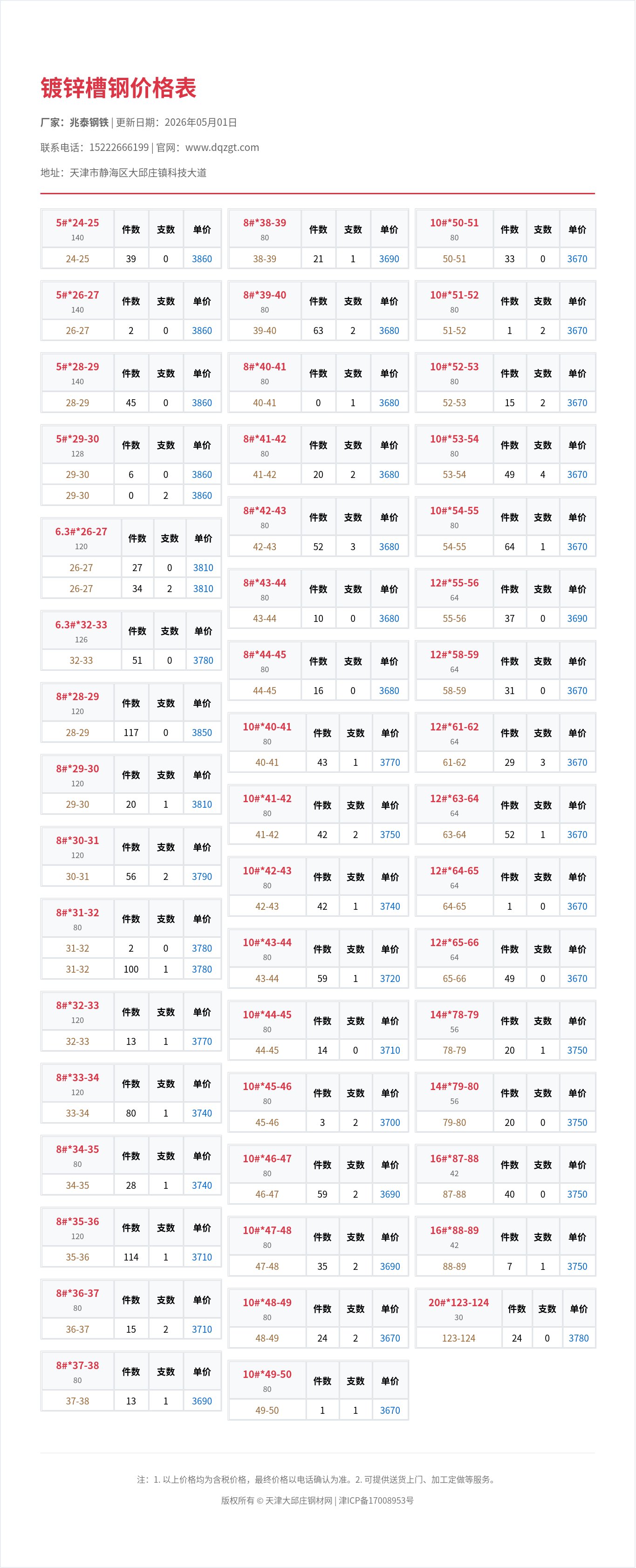 镀锌槽钢价格表