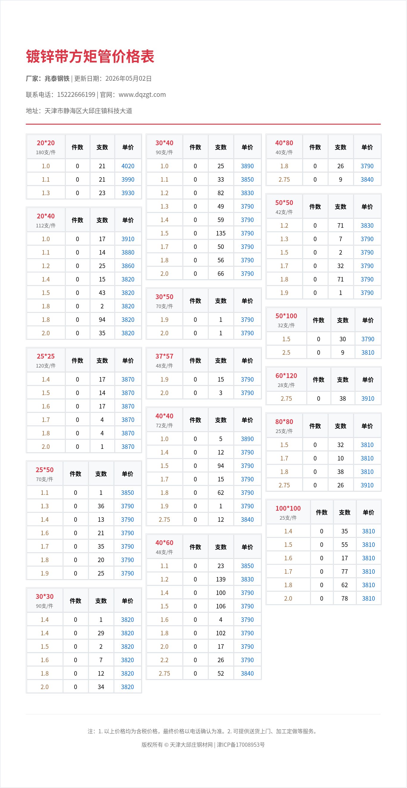 镀锌带方矩管价格表
