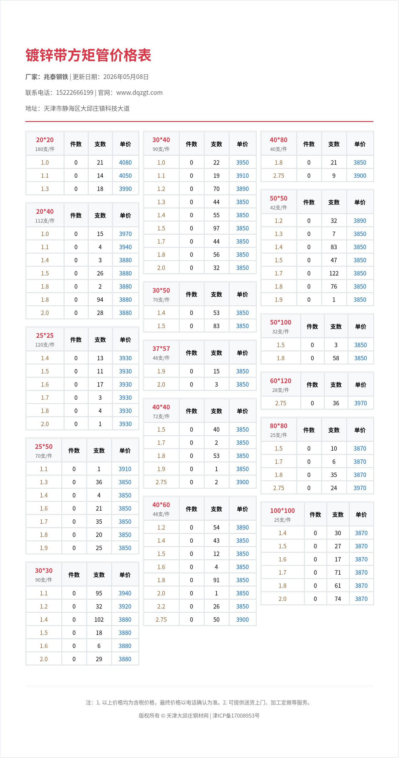镀锌带方矩管价格表
