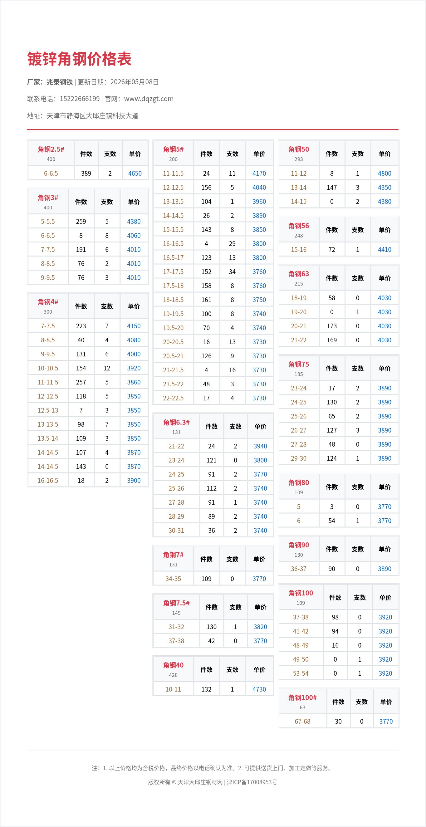 镀锌角钢价格表