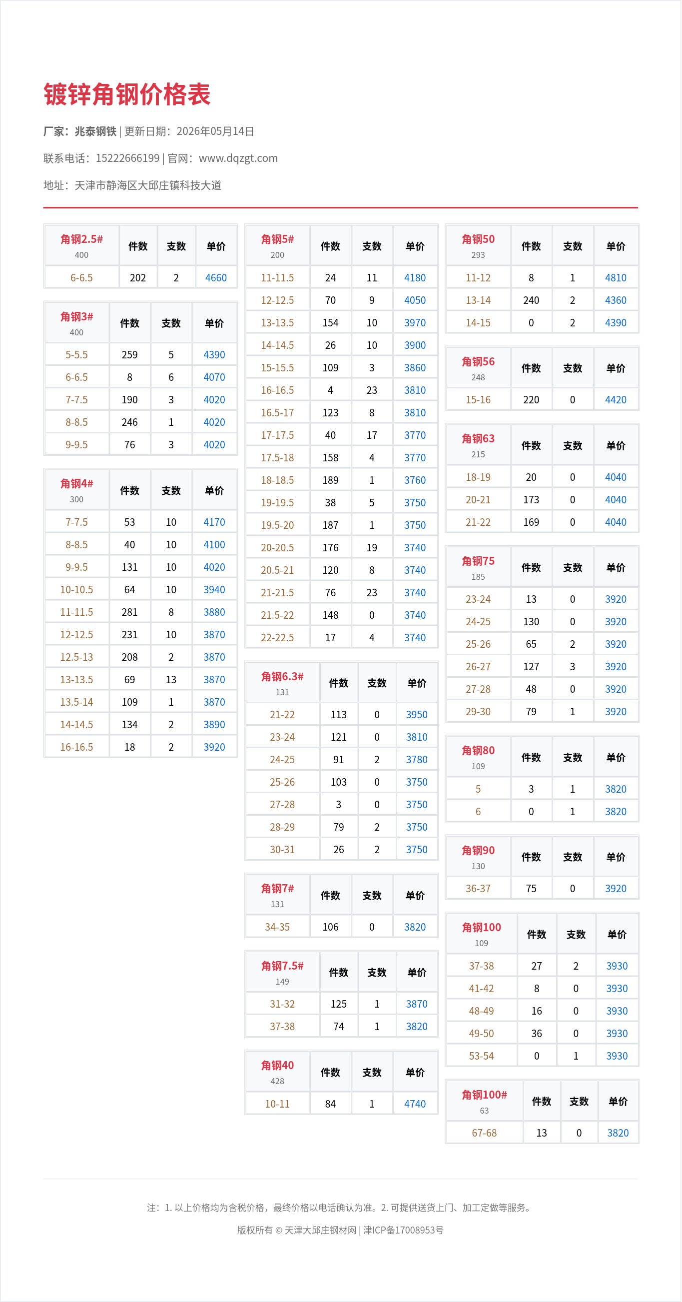 镀锌角钢价格表