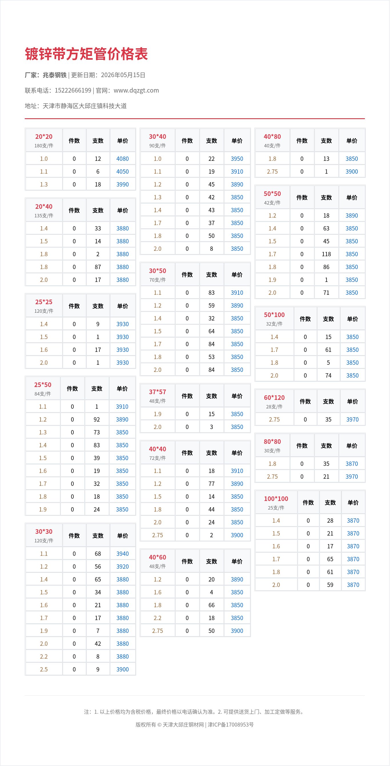 镀锌带方矩管价格表