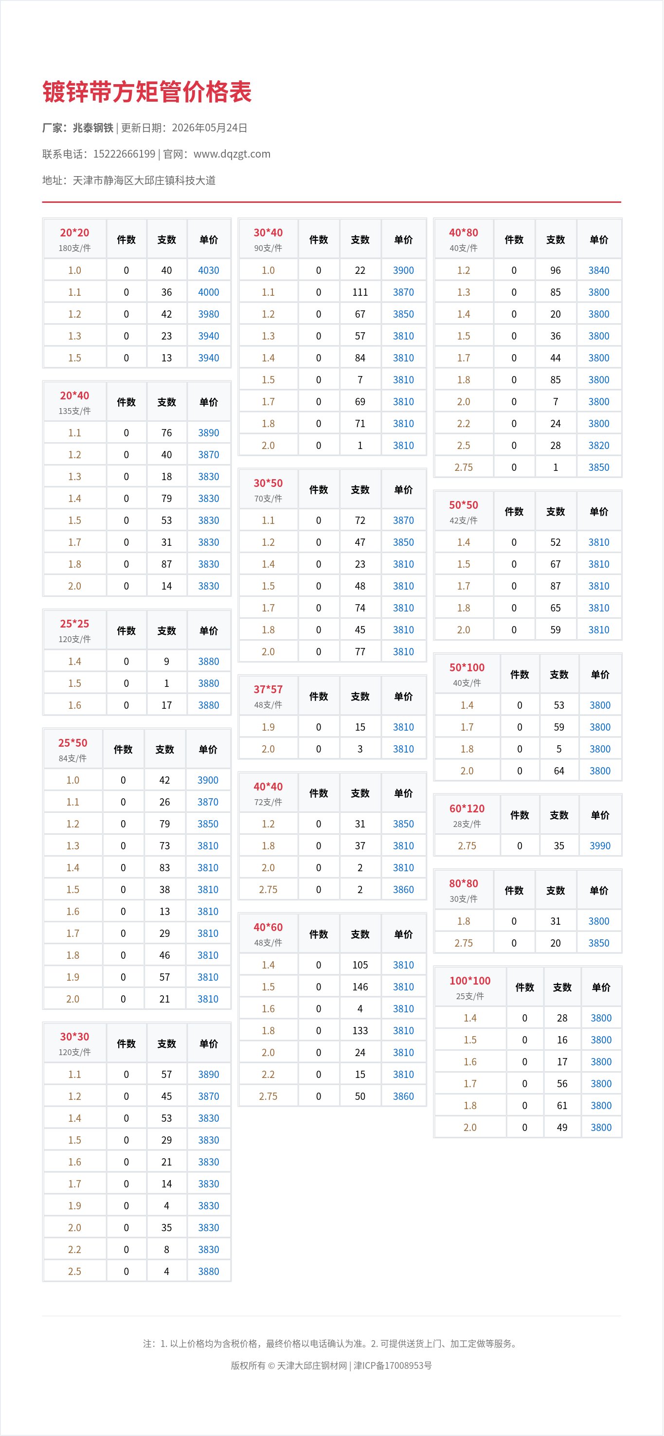镀锌带方矩管价格表