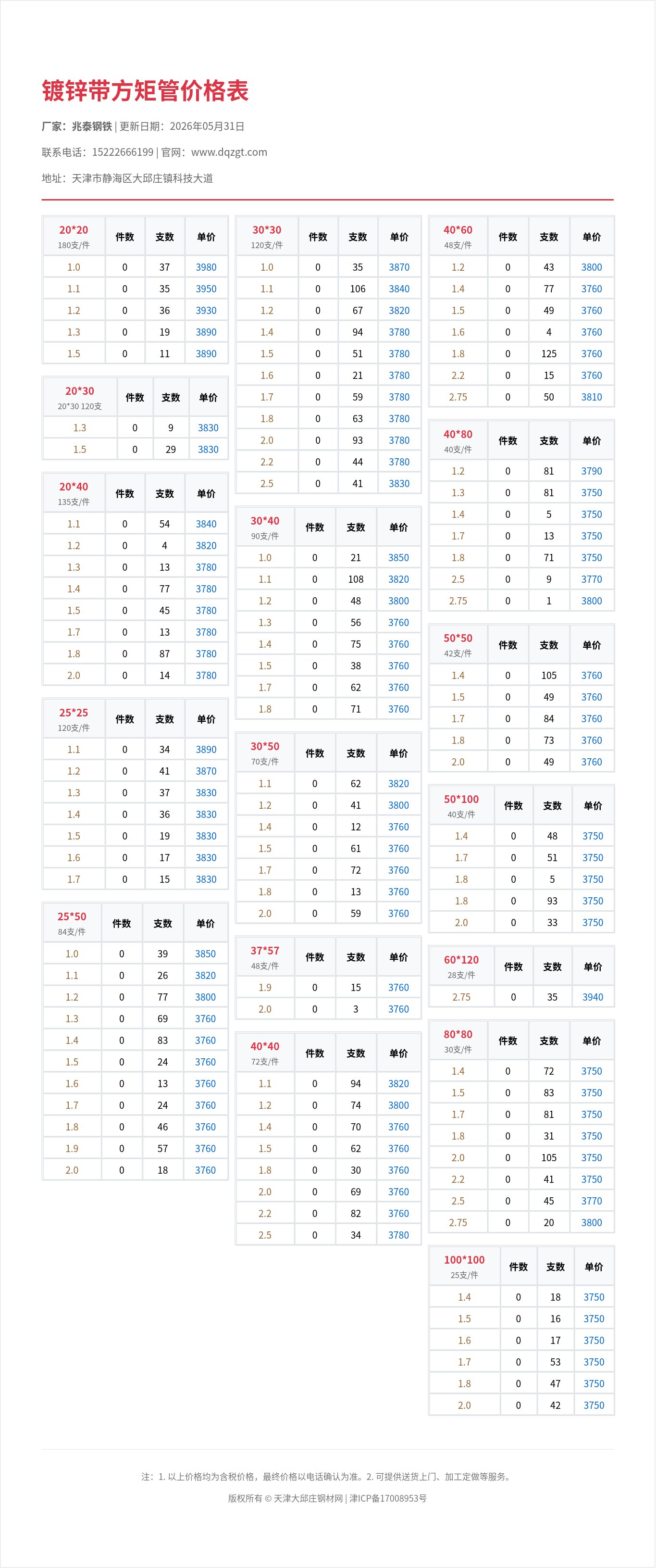 镀锌带方矩管价格表