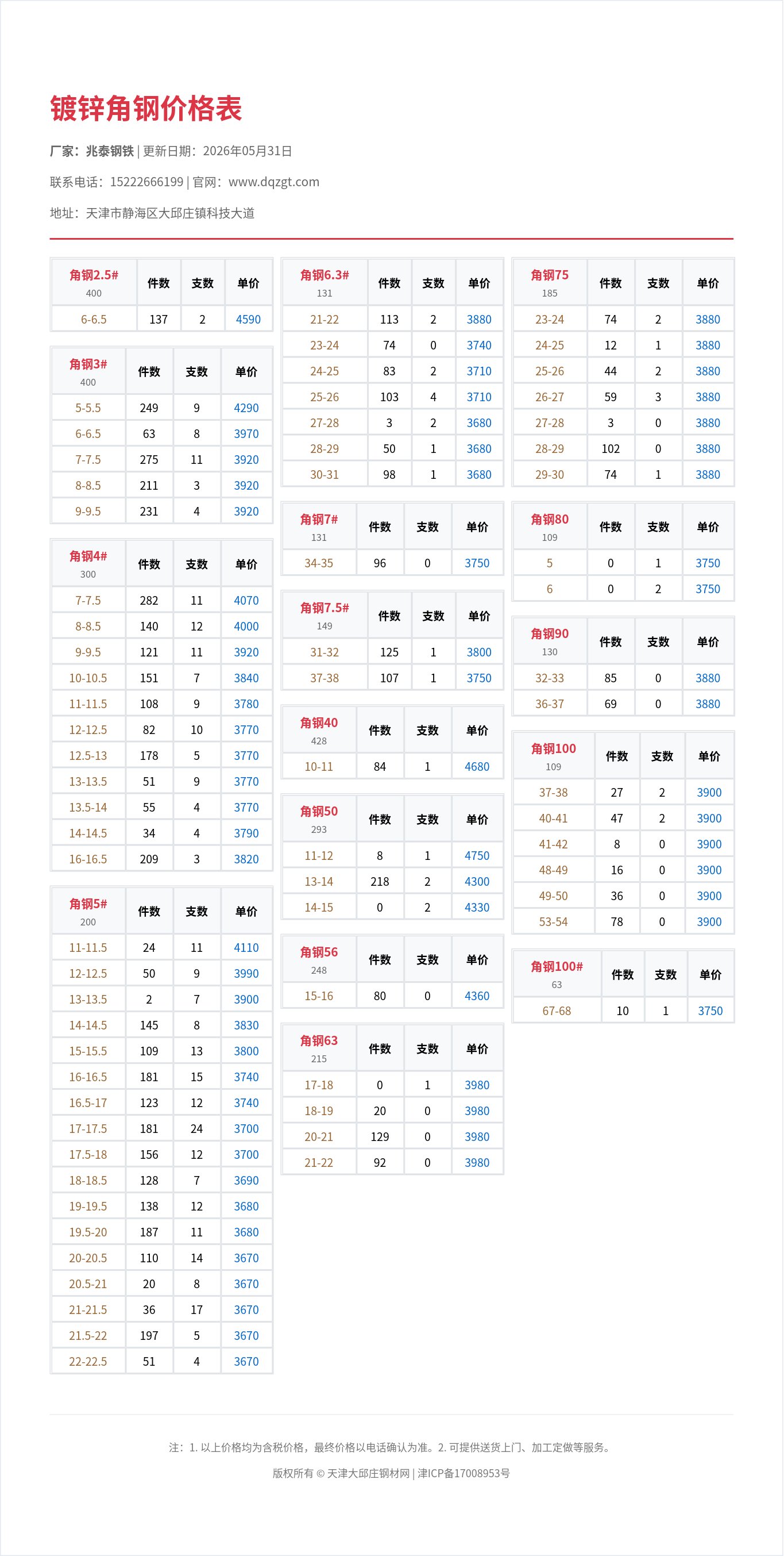 镀锌角钢价格表