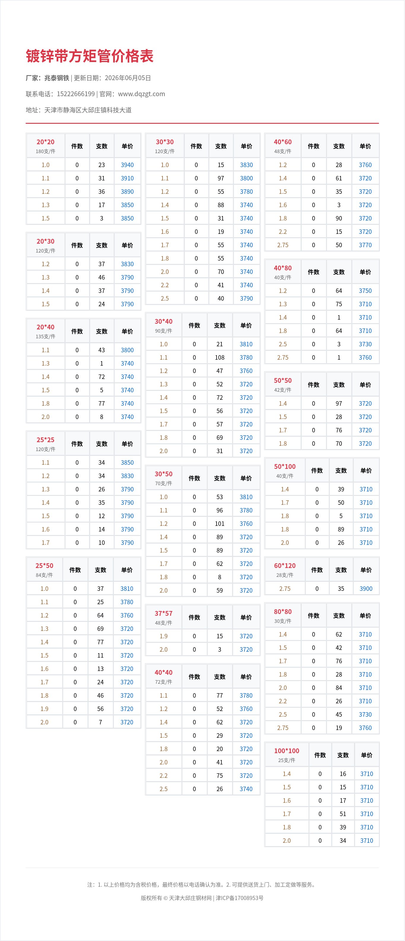 镀锌带方矩管价格表