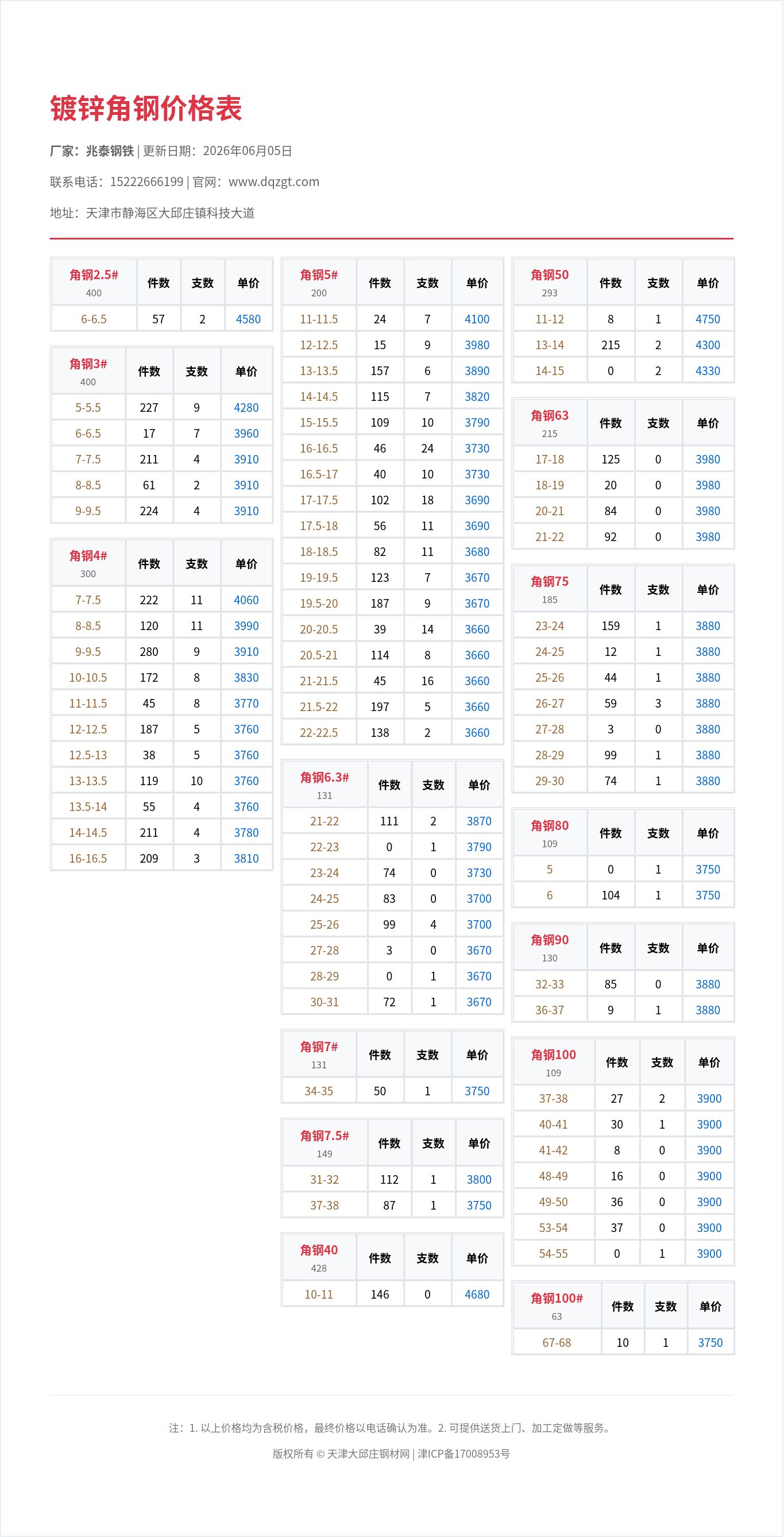 镀锌角钢价格表