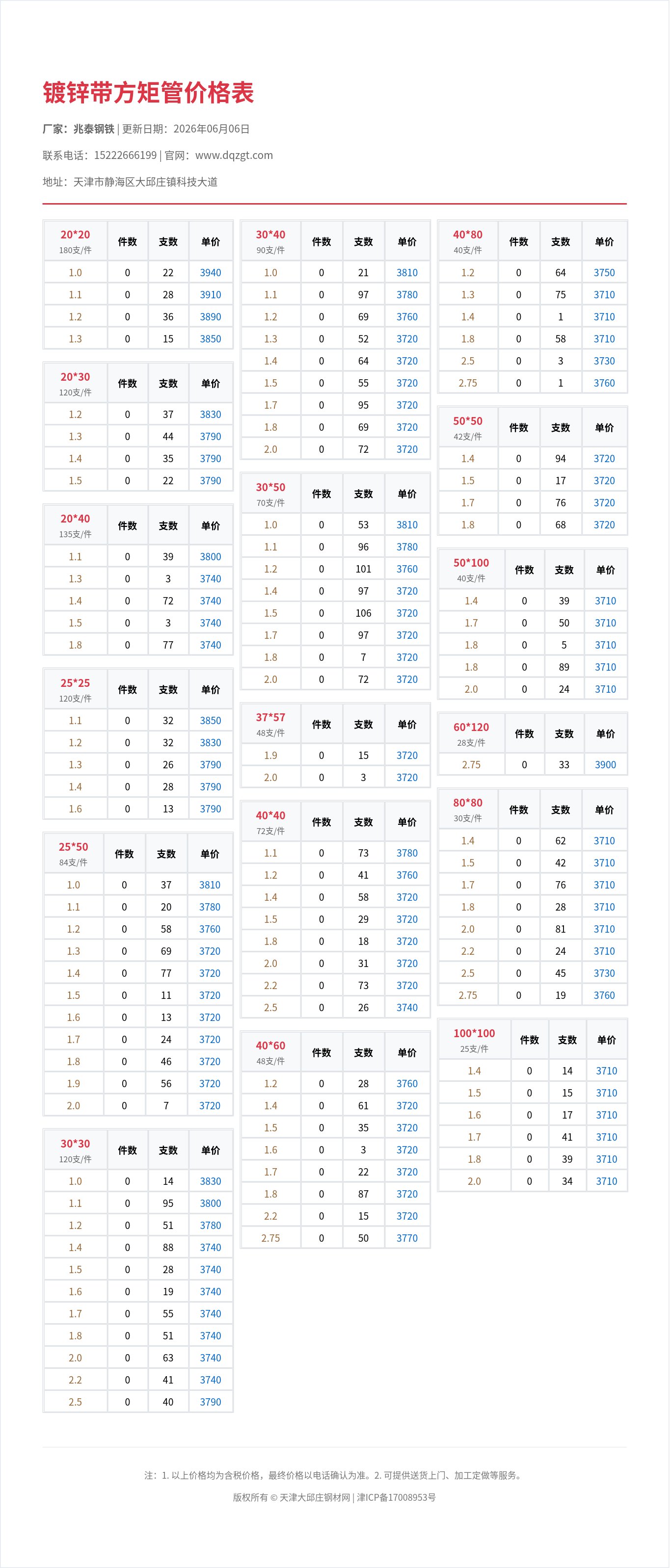 镀锌带方矩管价格表