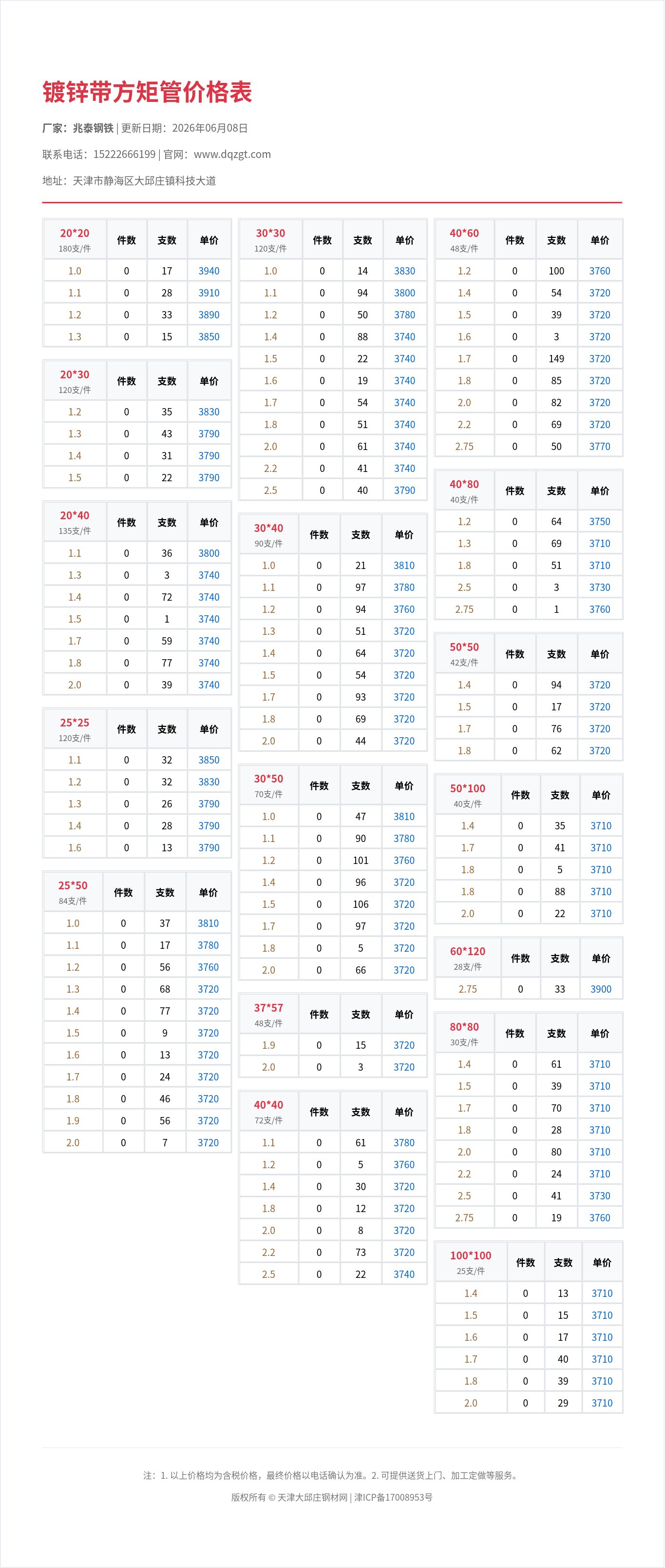 镀锌带方矩管价格表