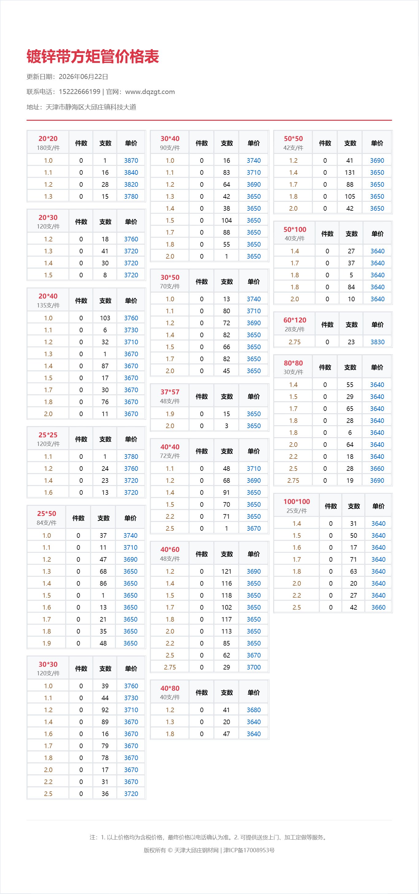 镀锌带方矩管价格表