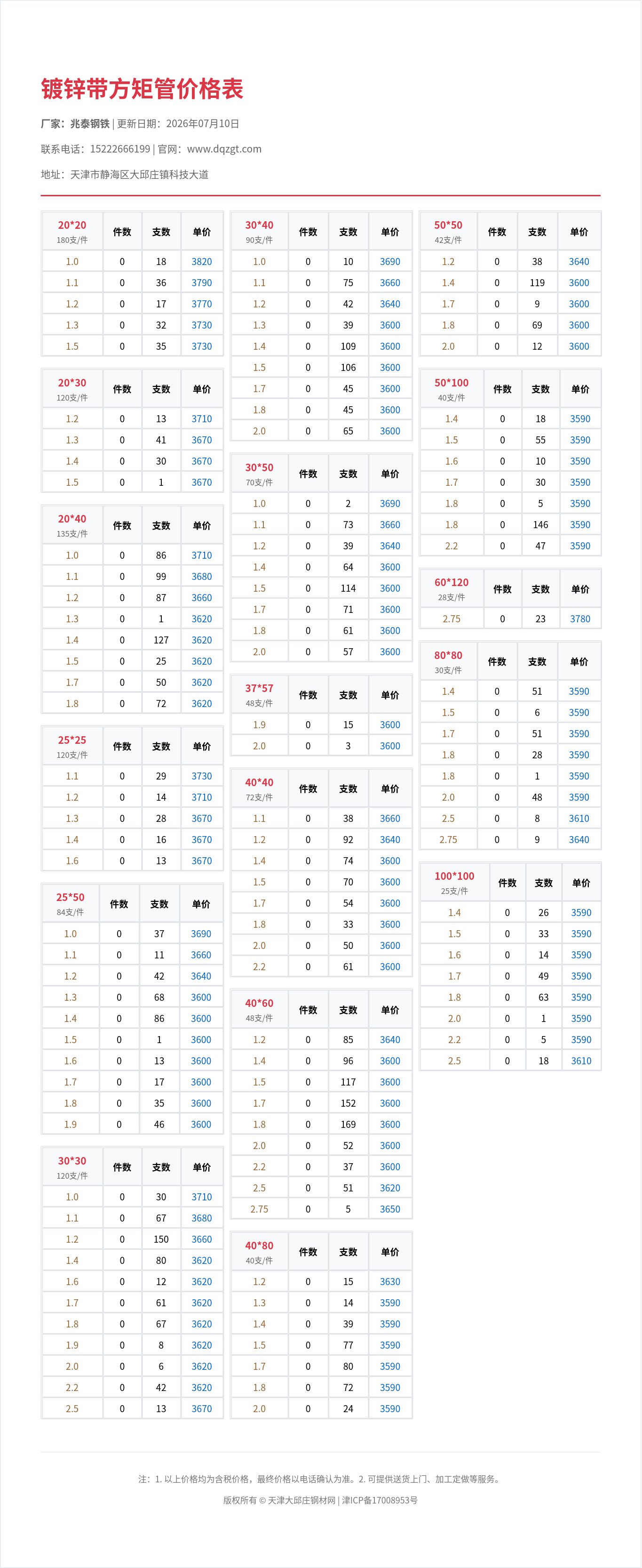 镀锌带方矩管价格表
