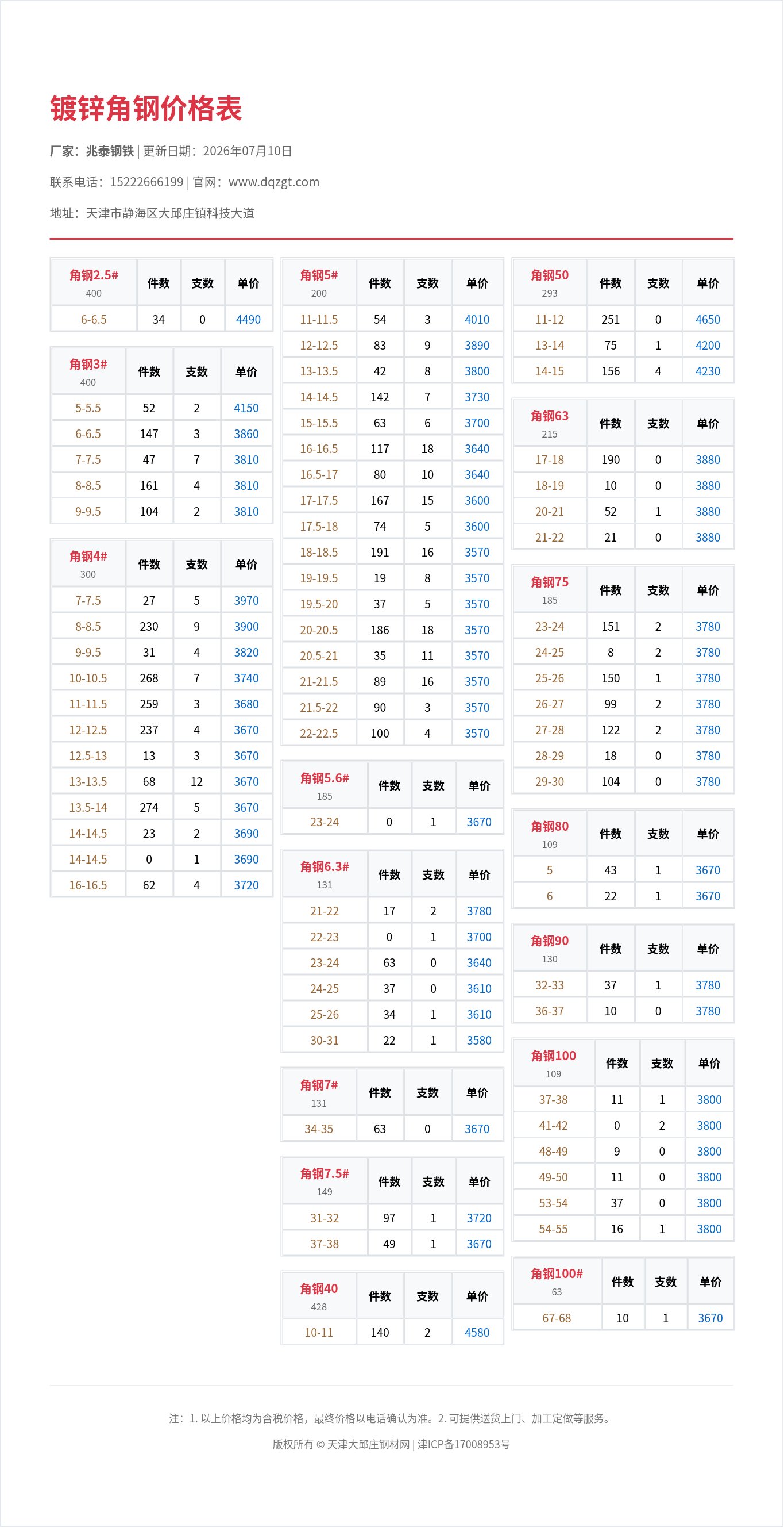 镀锌角钢价格表