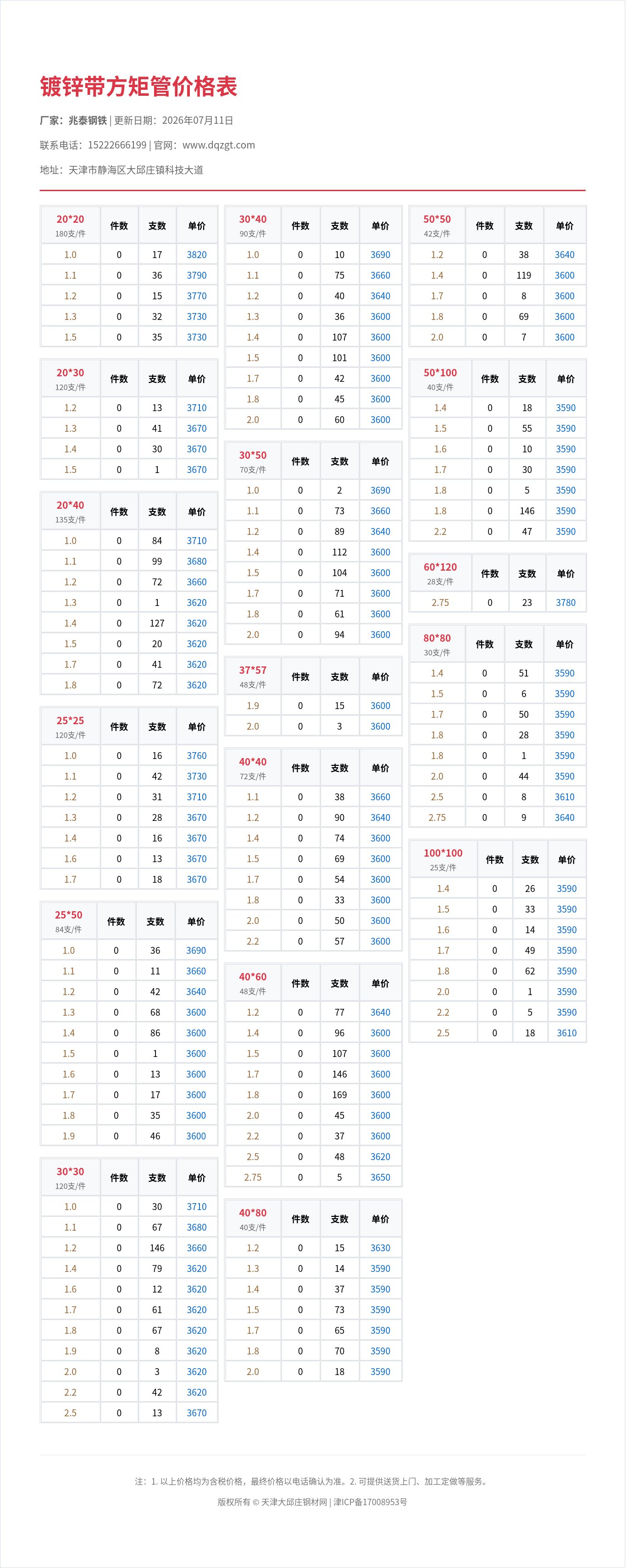 镀锌带方矩管价格表