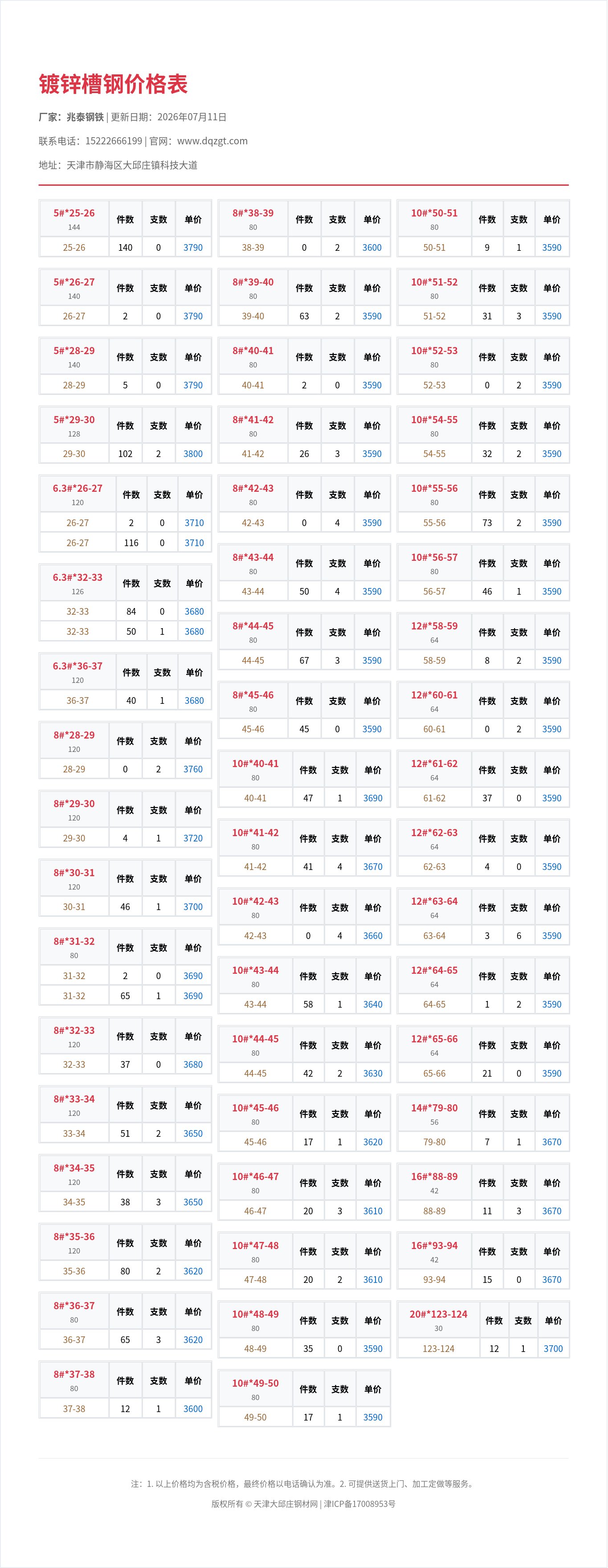 镀锌槽钢价格表