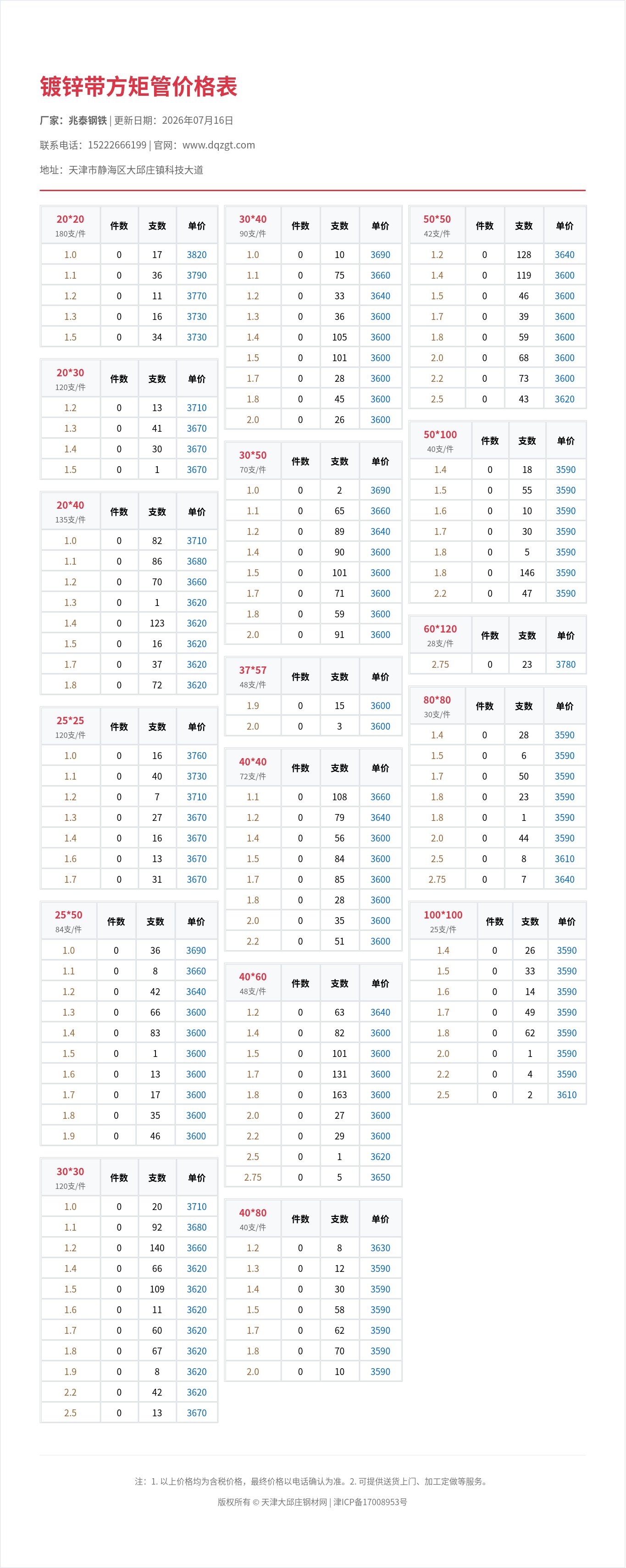 镀锌带方矩管价格表