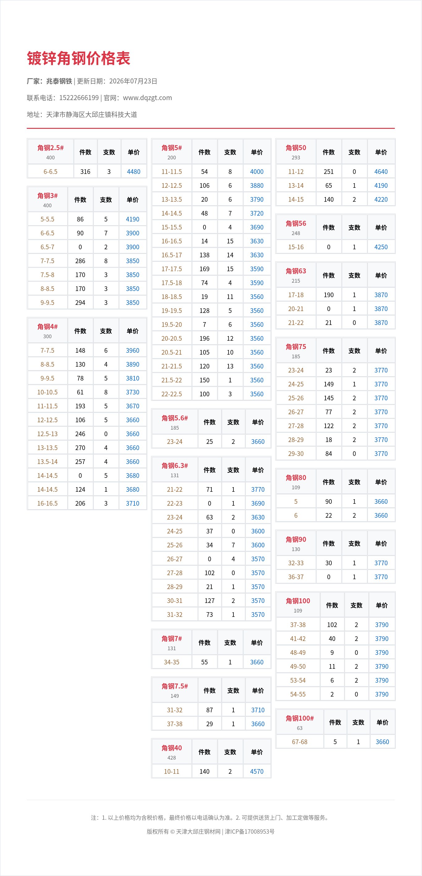 镀锌角钢价格表