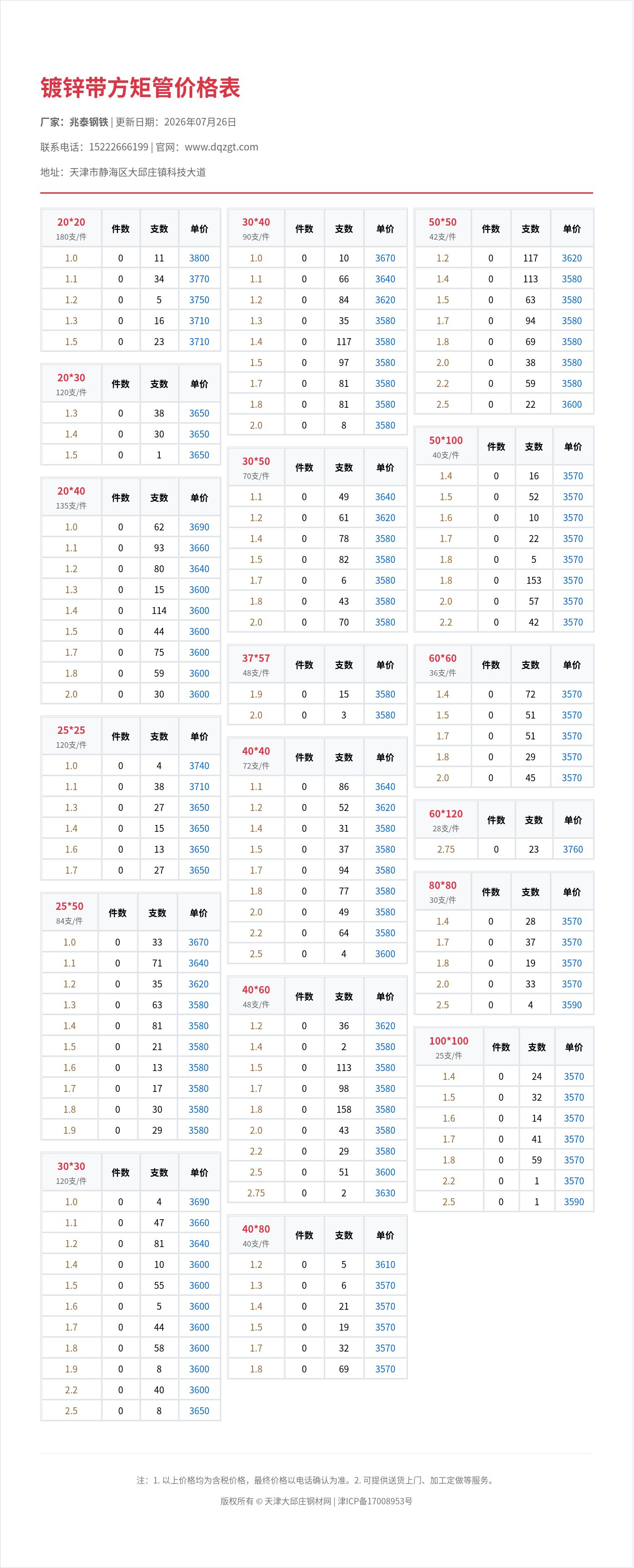 镀锌带方矩管价格表