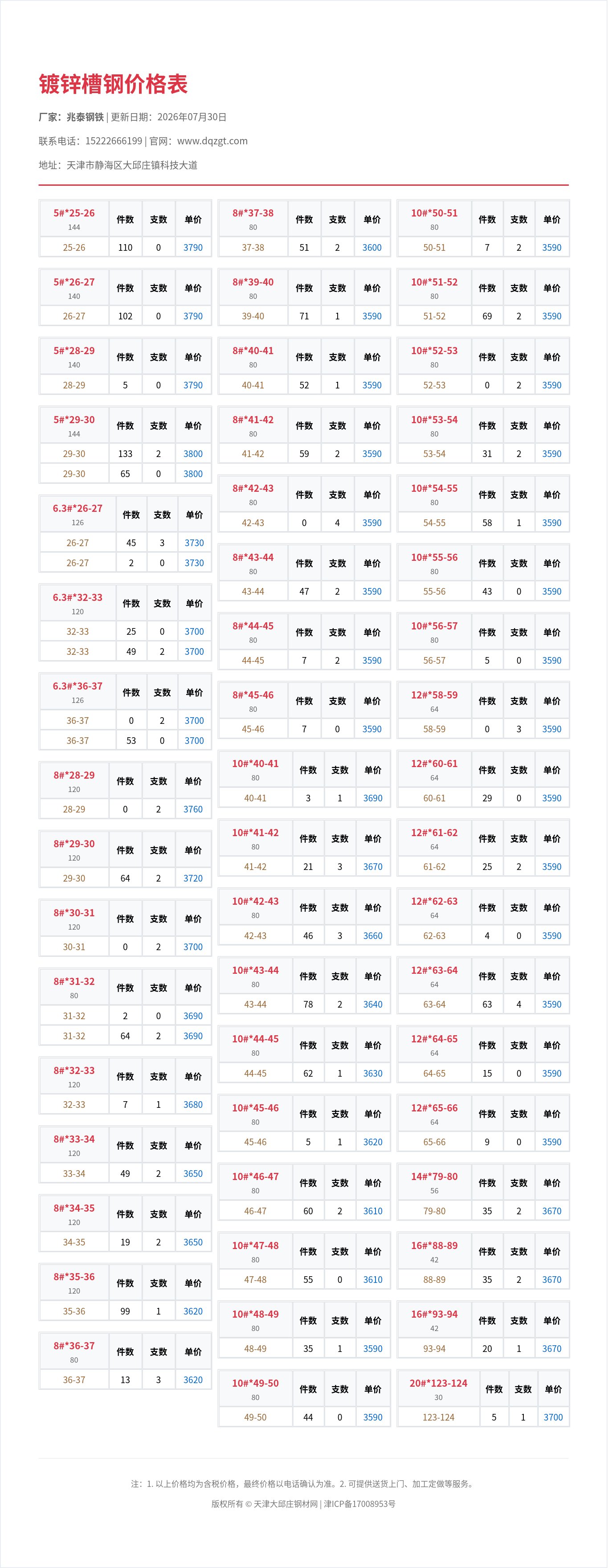 镀锌槽钢价格表