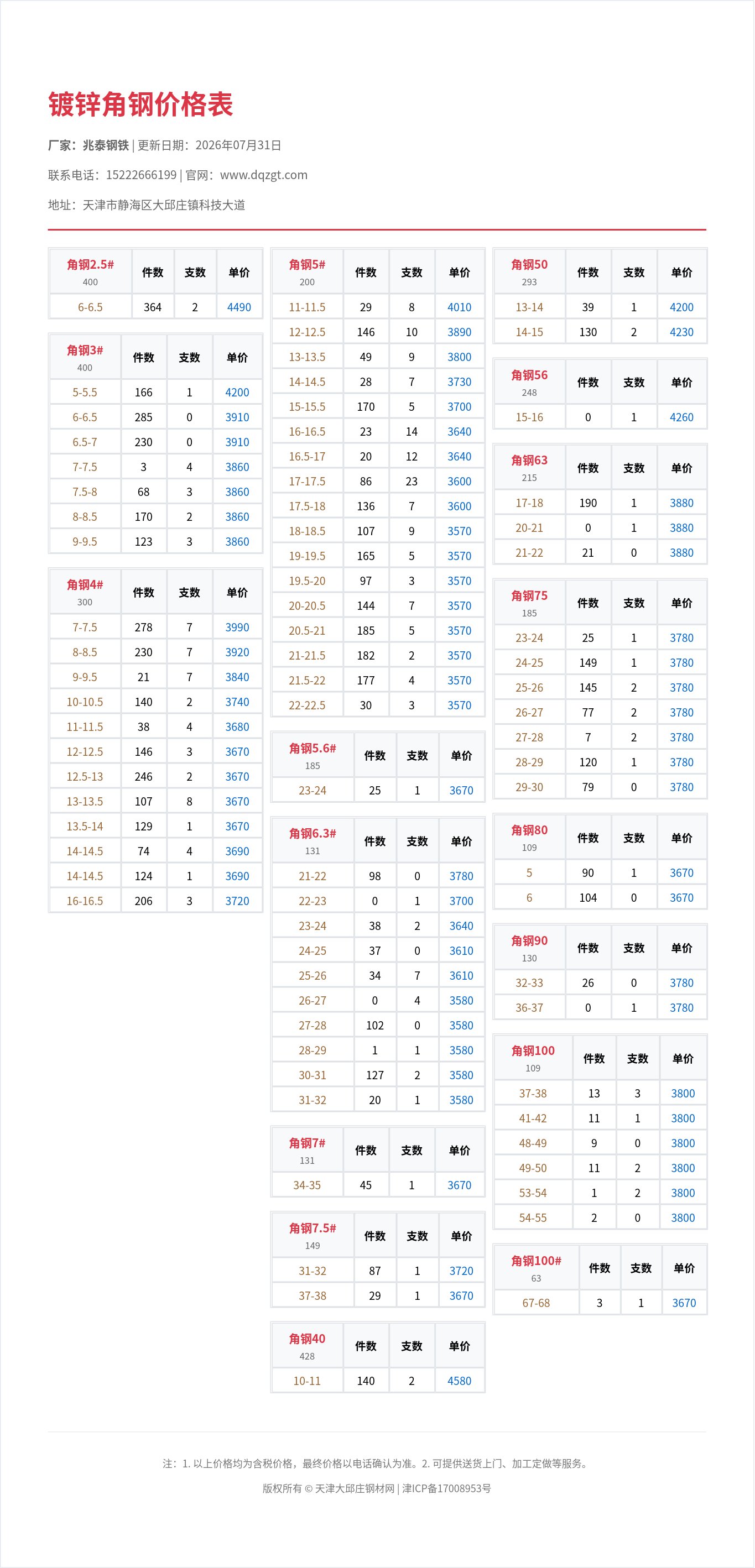 镀锌角钢价格表