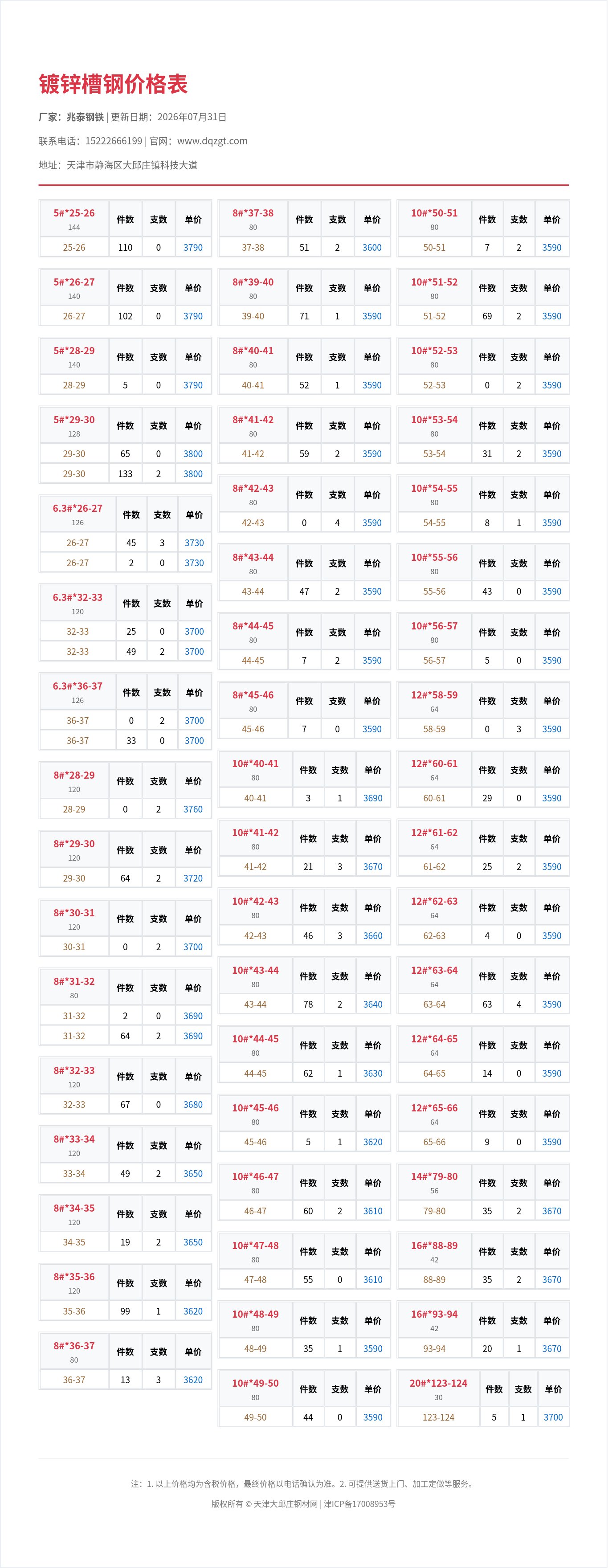 镀锌槽钢价格表