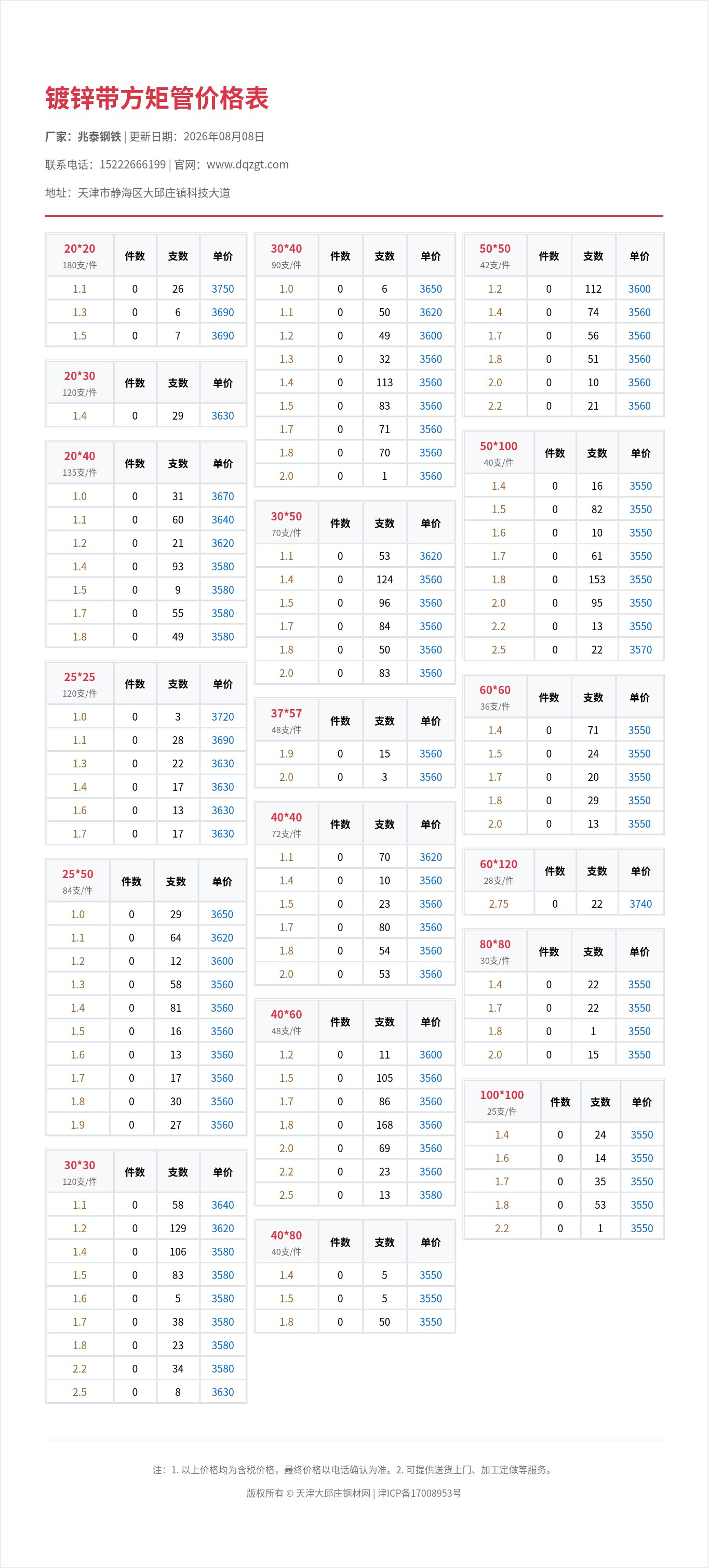 镀锌带方矩管价格表