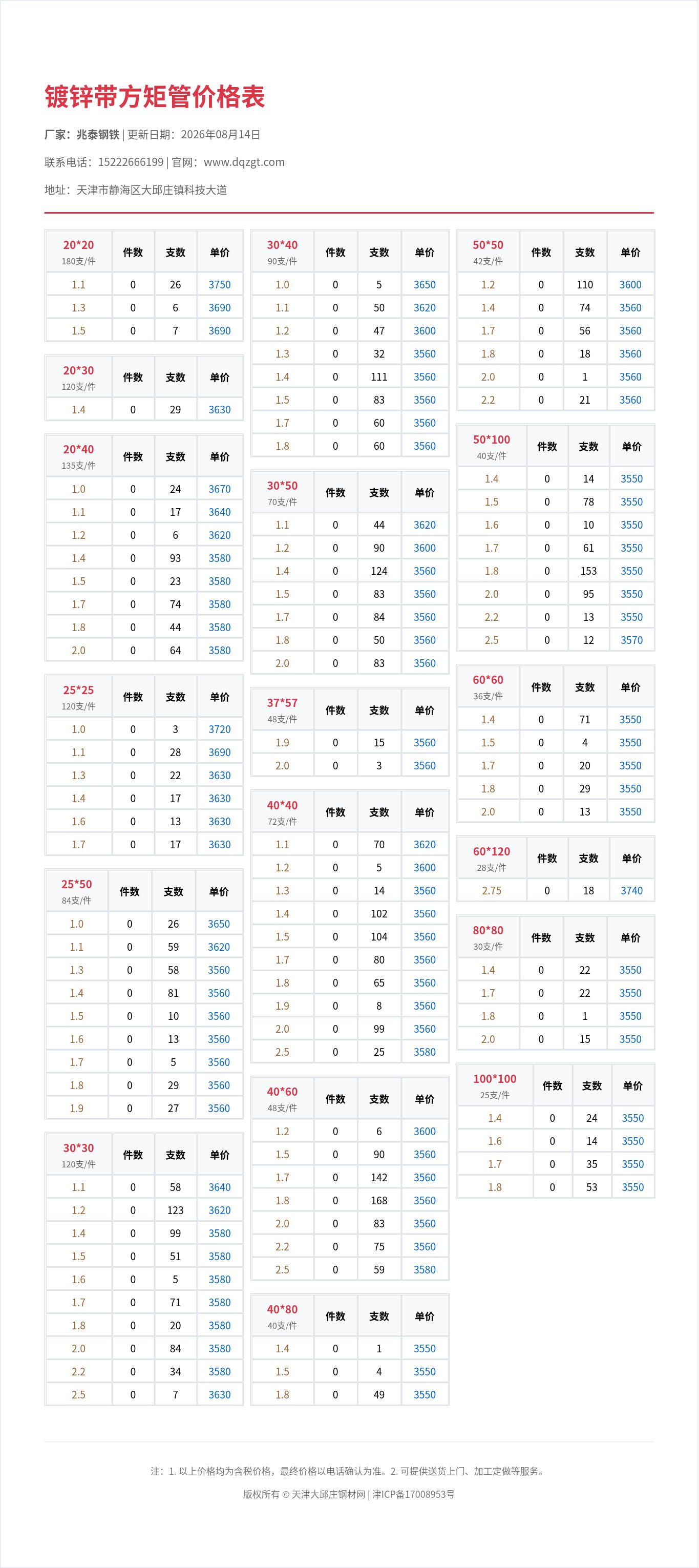 镀锌带方矩管价格表