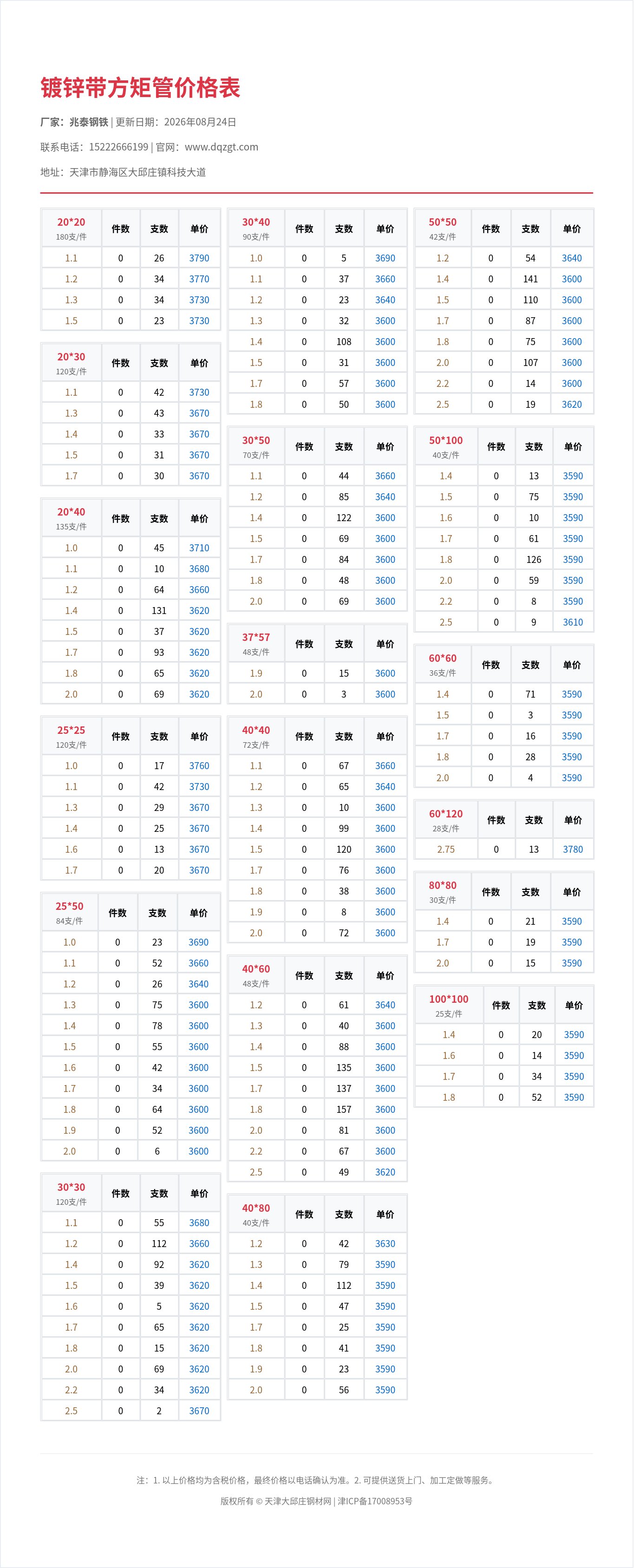 镀锌带方矩管价格表