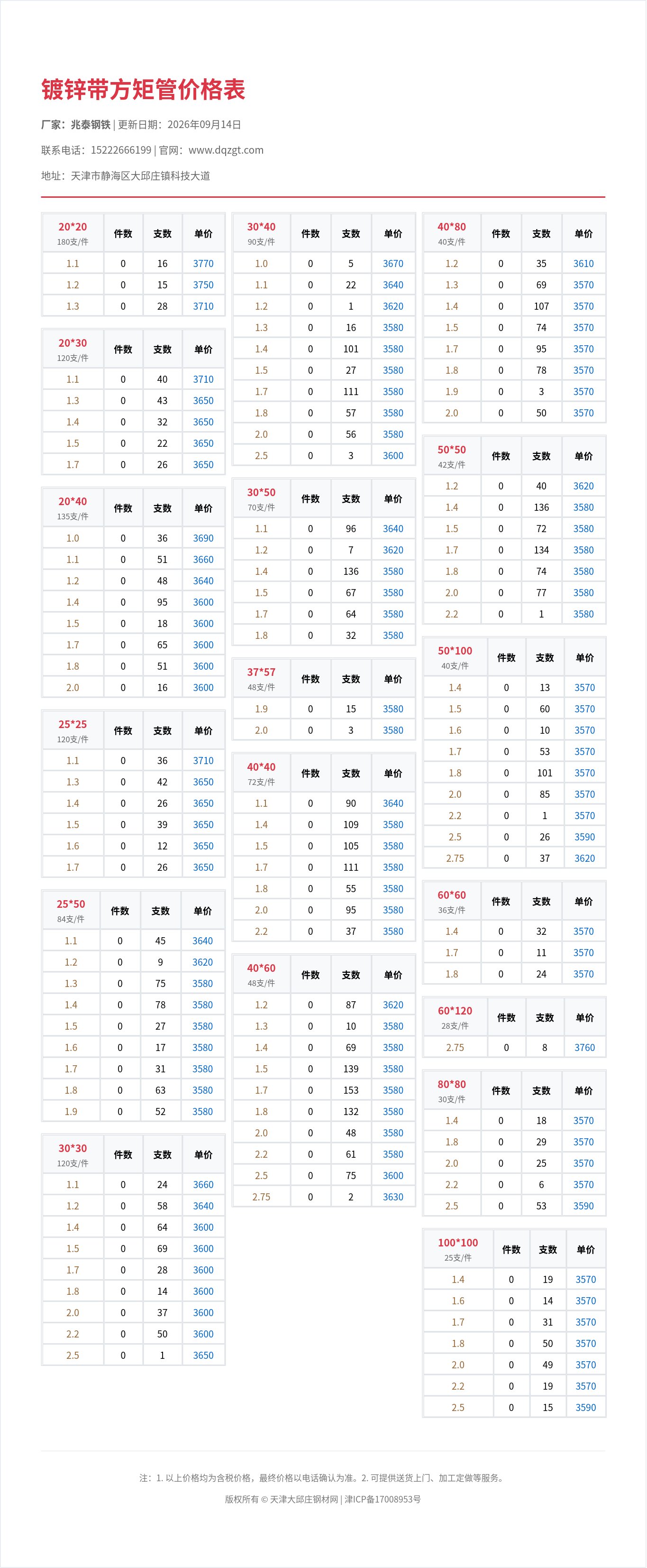 镀锌带方矩管价格表