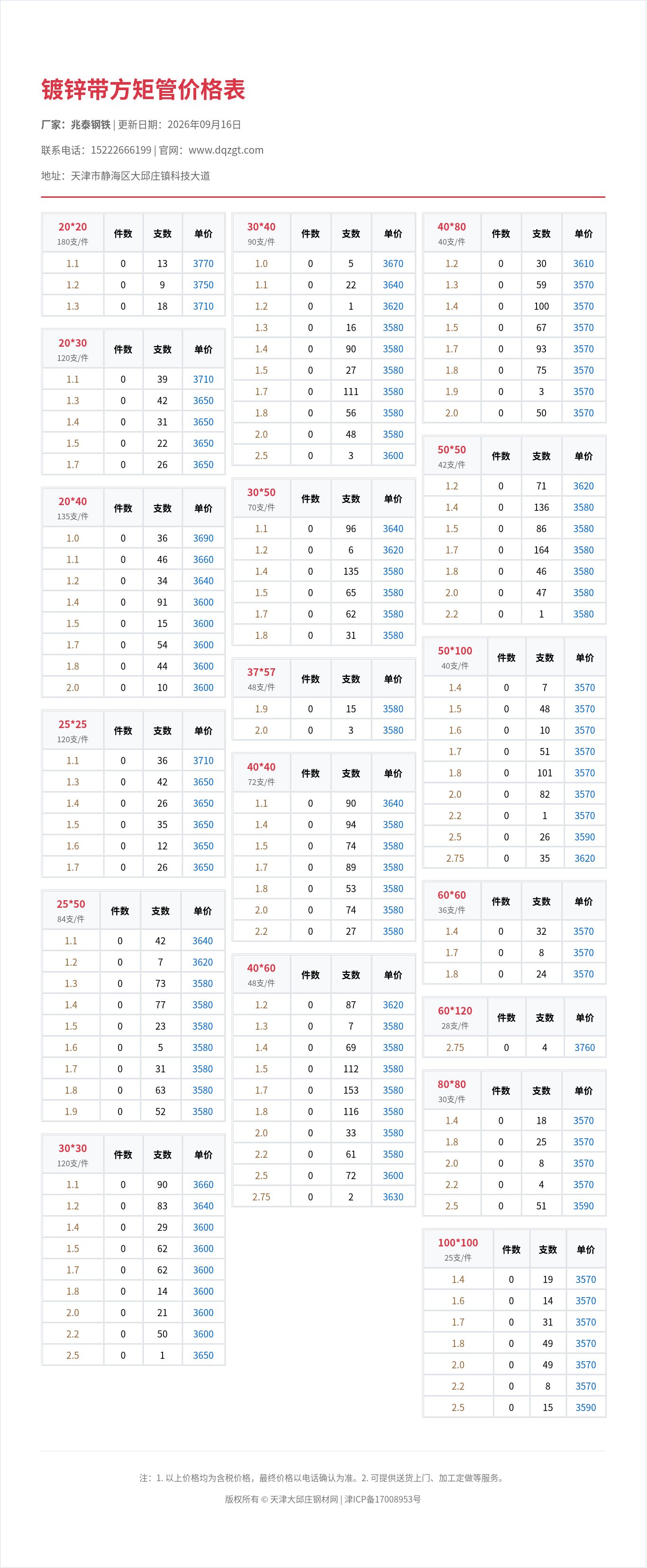镀锌带方矩管价格表